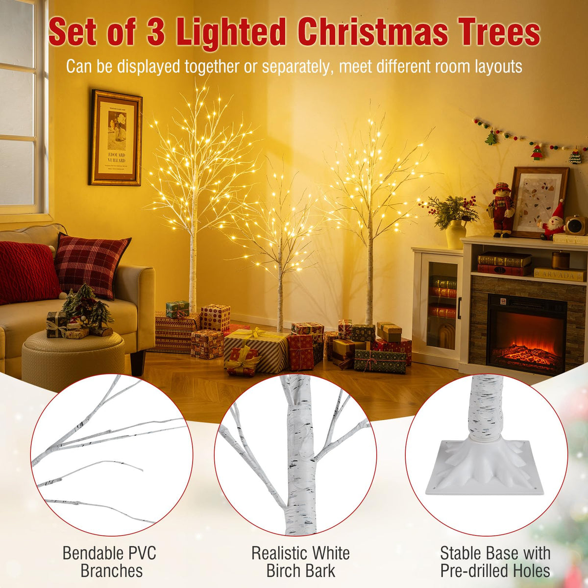 Lucktree 4/5/6 FT Pre-Lit Artificial Christmas Trees with 216 Warm White LEDs ( Set of 3 )