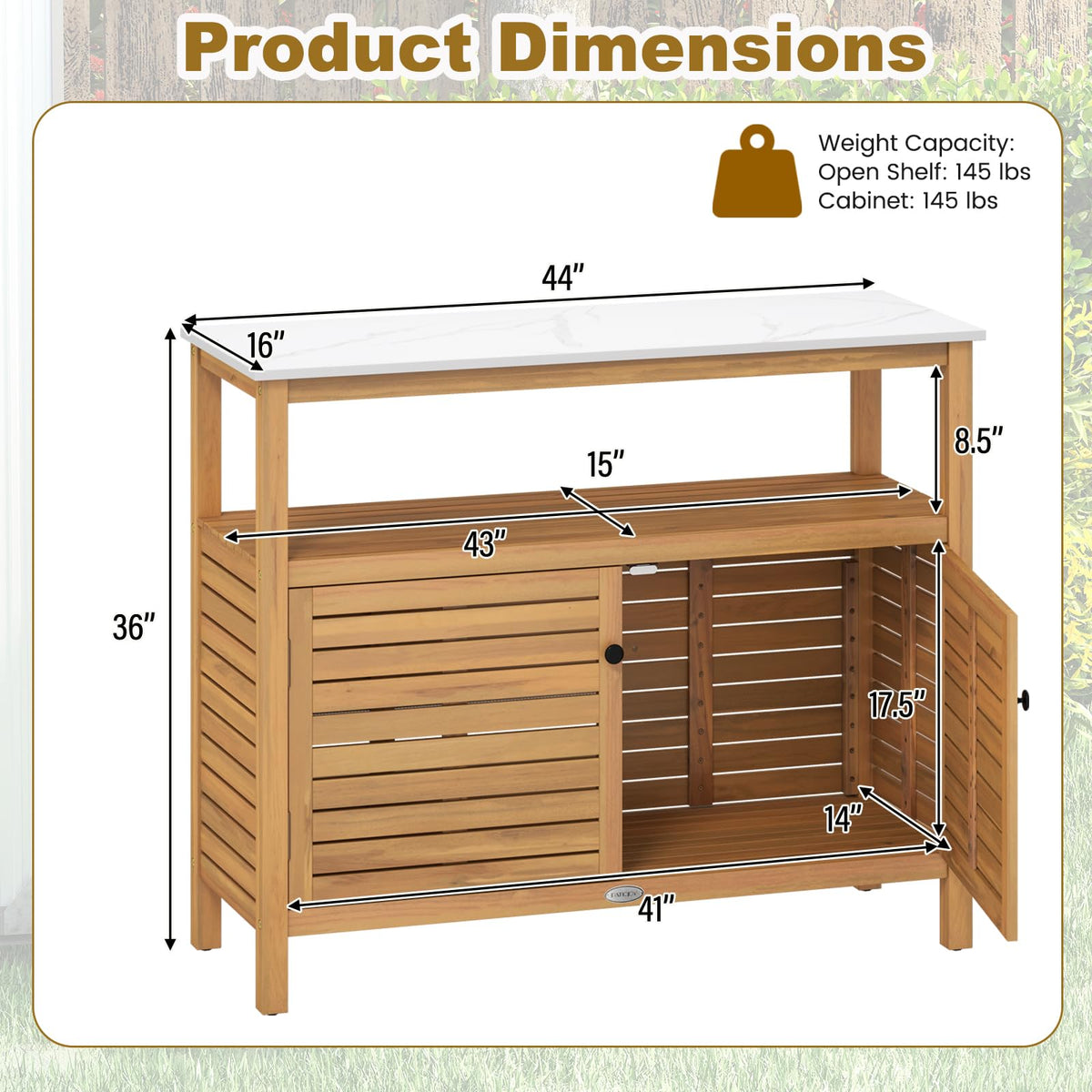 Lucktree Outdoor Potting Bench Acacia Wood Large Planting Workstation with 2-Door Storage Cabinet
