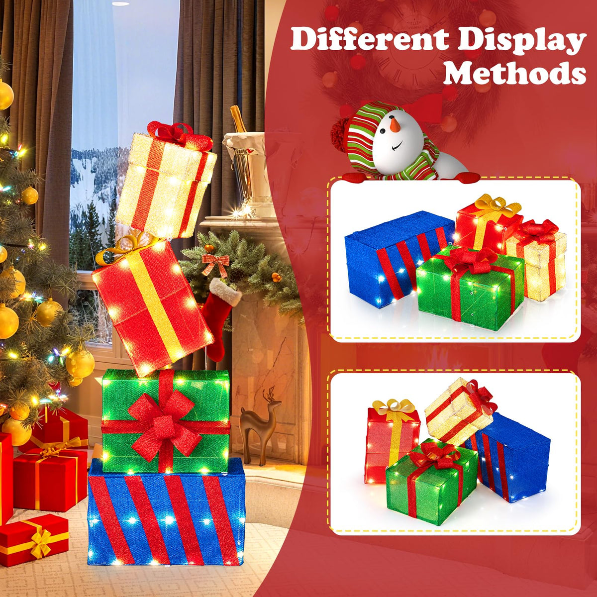 Lucktree Christmas Lighted Gift Boxes Set of 4 | Light Up Present Boxes with Colorful Bows
