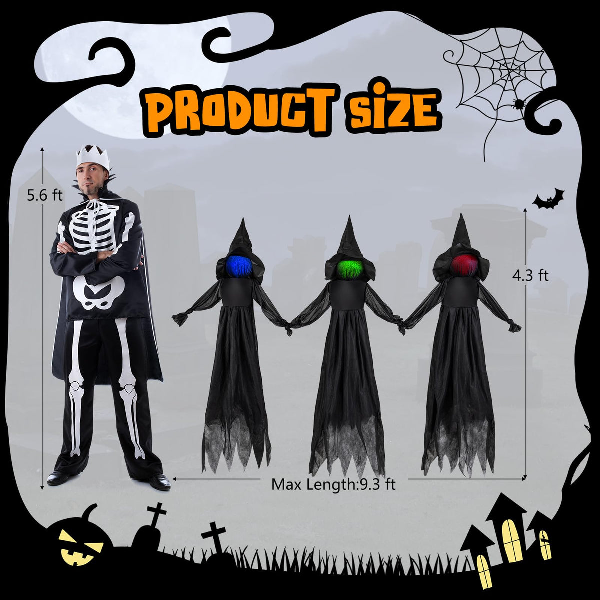 9.3 FT Outdoor Halloween Decoration Light Up Witch Stakes Set of 3