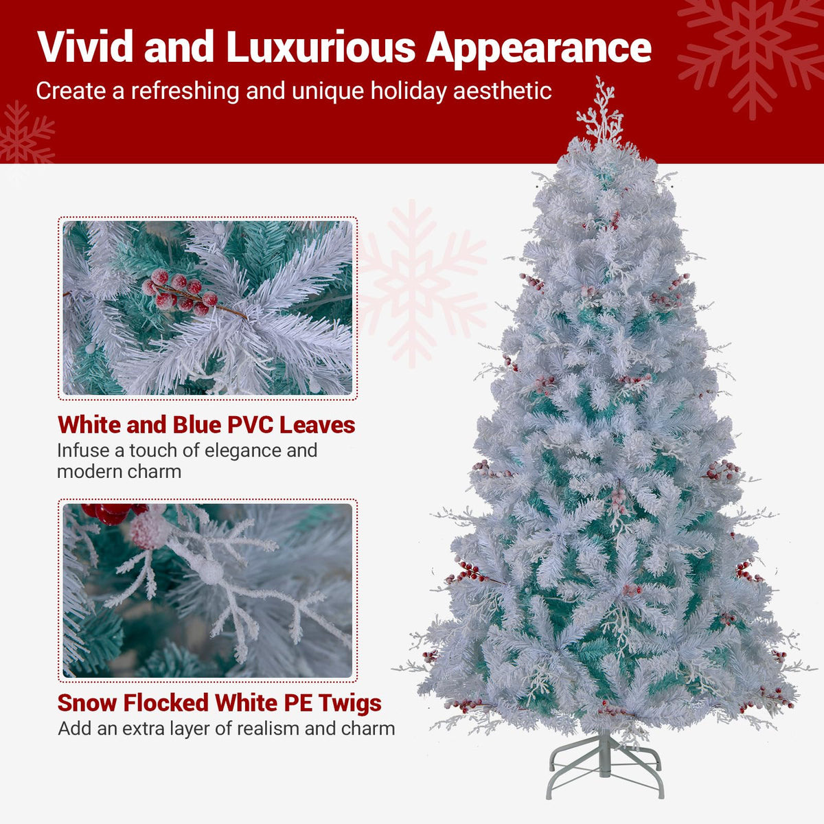 Lucktree 6FT / 7FT Hinged Lighted Xmas Tree with Snow Flocked Branch Tips & LED Lights