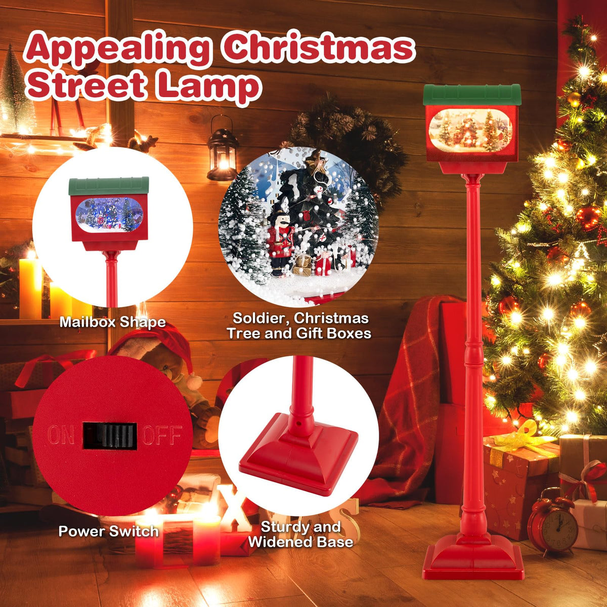 Lucktree 59 Inch Musical Christmas Street Lamp, Festive Lamp Post w/Sound-Activated Snow Globe Lantern