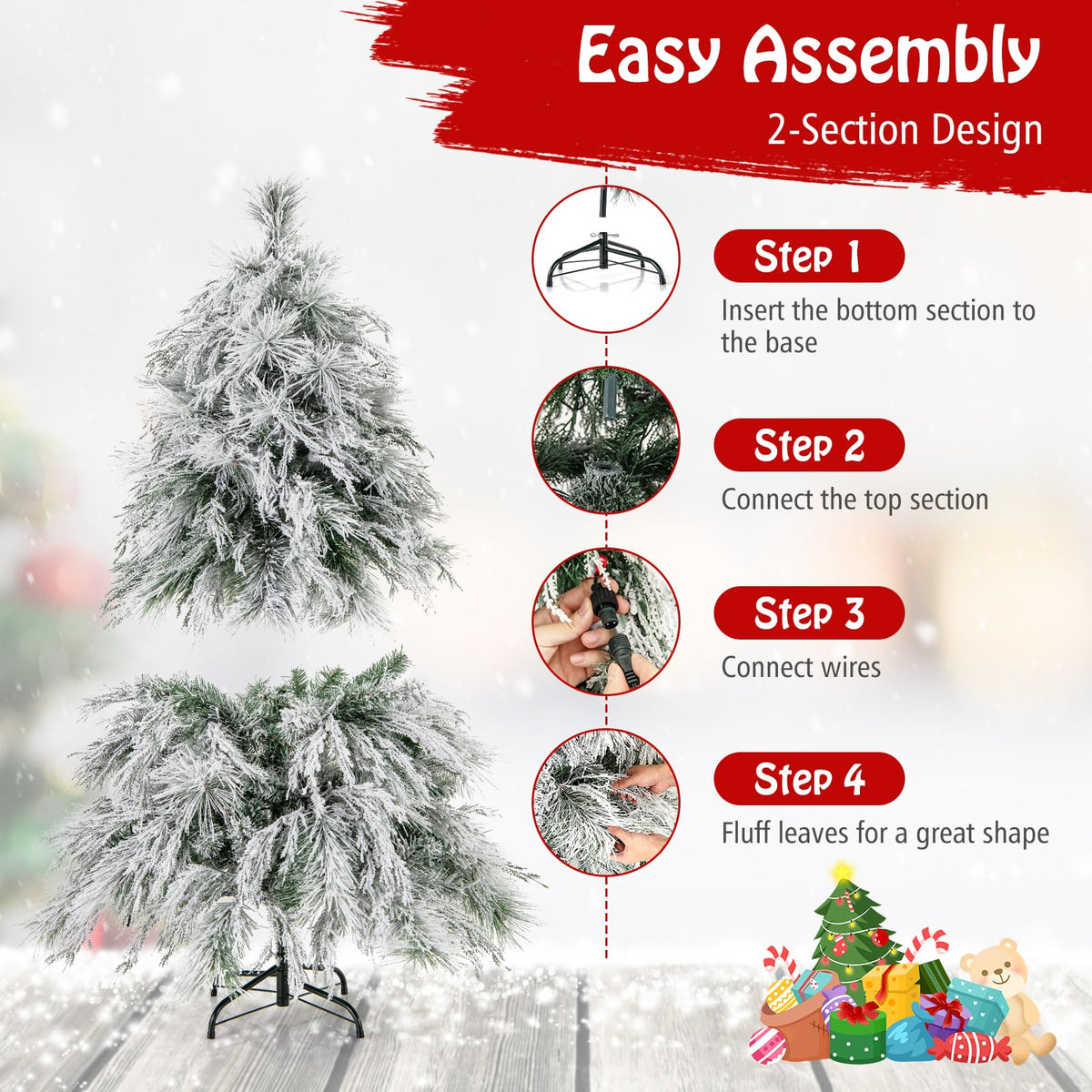 Lucktree 4.5ft Pre-Lit Snow Flocked Christmas Tree, Artificial Hinged Full Xmas Tree with 279 PVC & Pine Needles