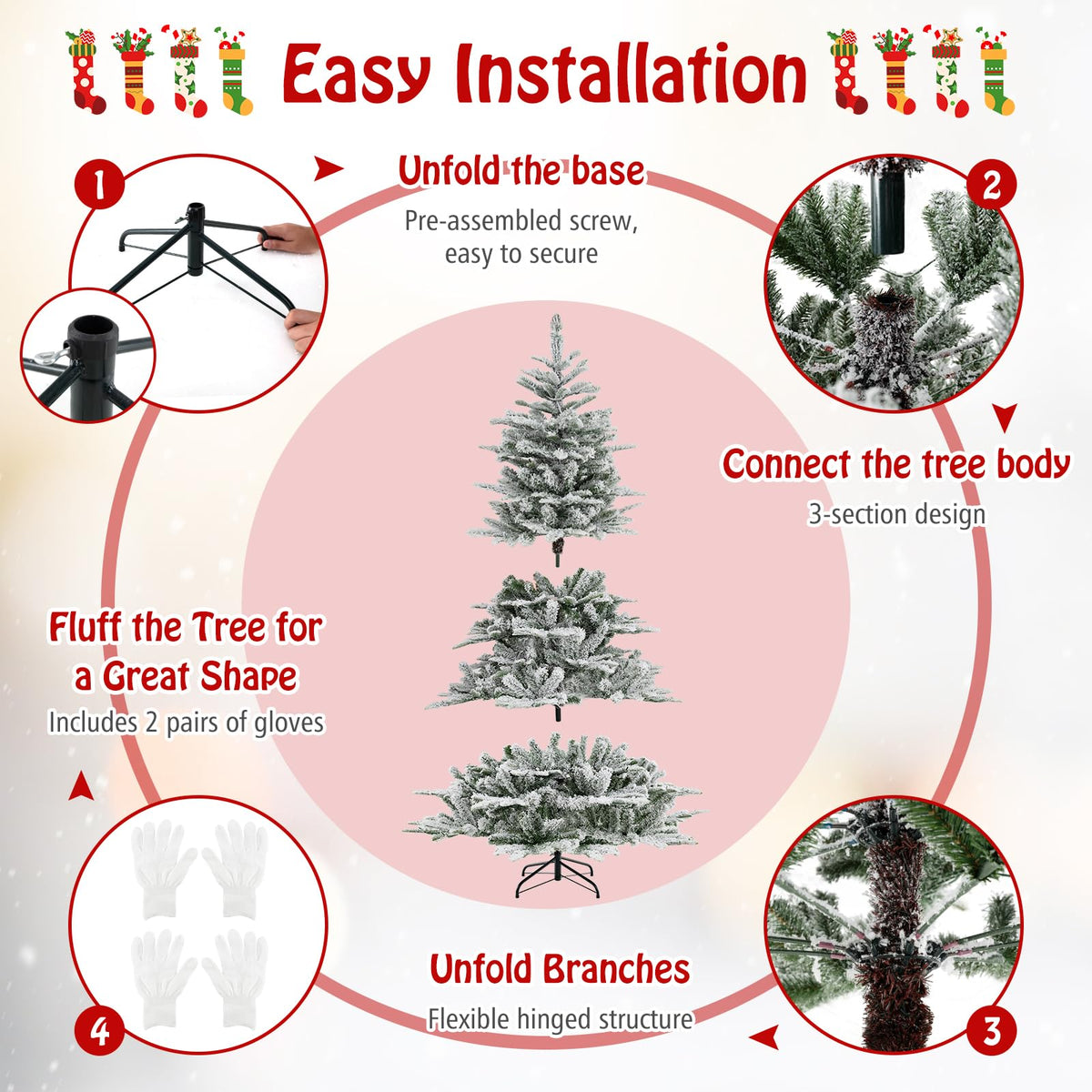 Lucktree 6/7/8 ft Pre-Lit Snow Flocked Christmas Tree, Artificial Hinged Xmas Tree with 661/1119/1447 PVC & PE Tips