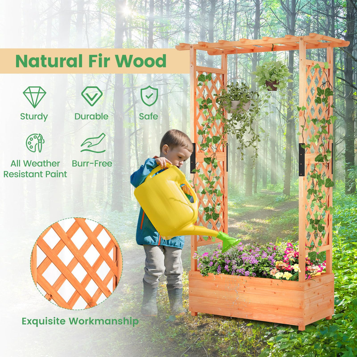 Lucktree Raised Garden Bed with 2-Sided Trellis & Hanging Roof