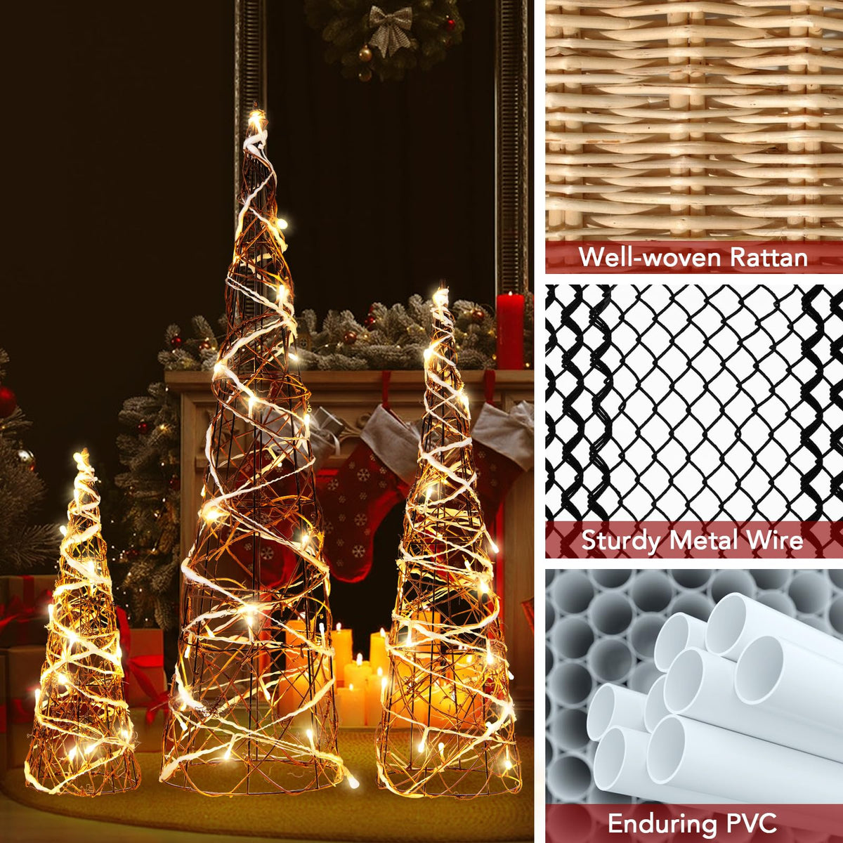 Lucktree Set of 3 Large Christmas Cone Trees, 32” 24” 16” Indoor Christmas Trees w/Warm White LED Lights