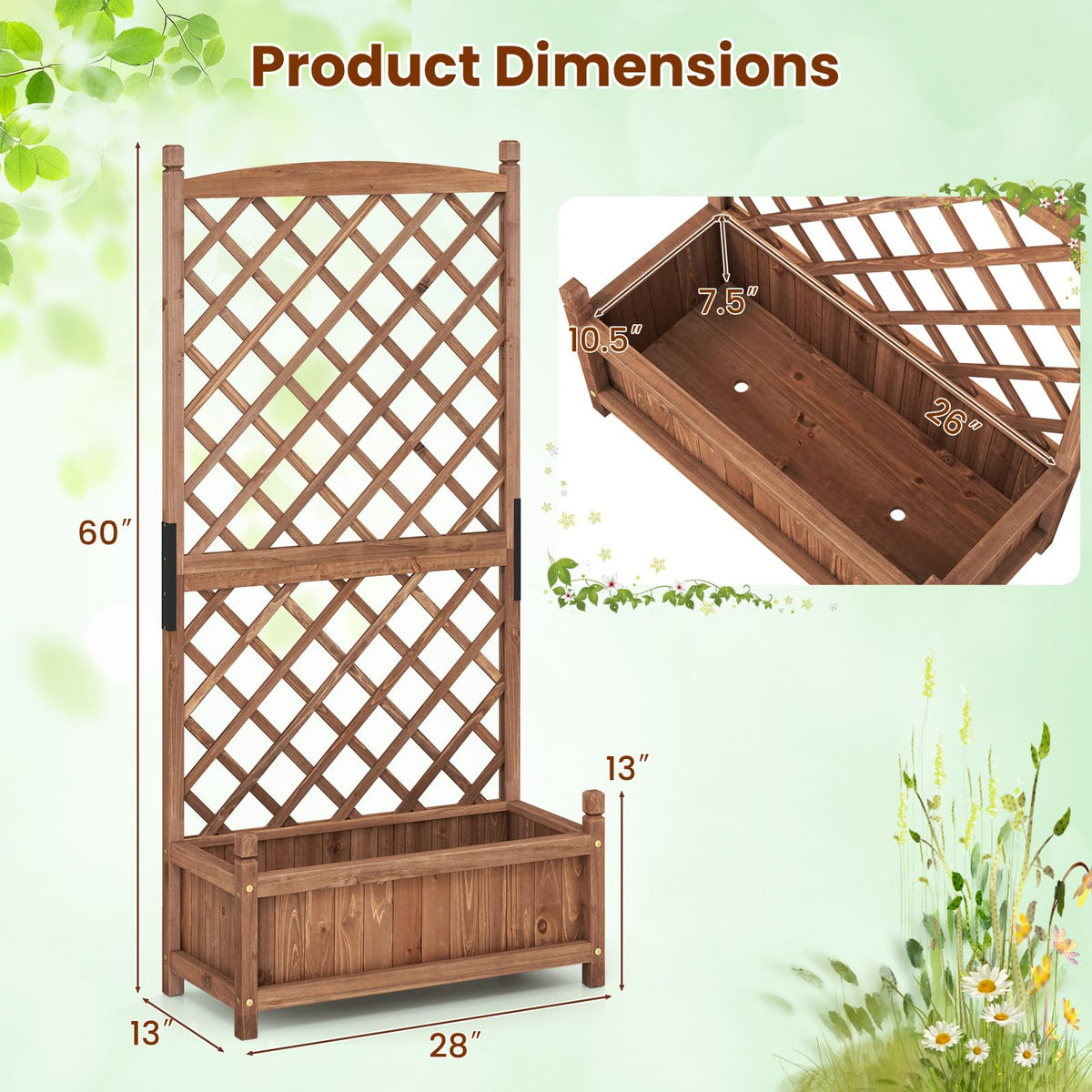 Lucktree 60” Wooden Planter Container with Drainage Holes Trellis