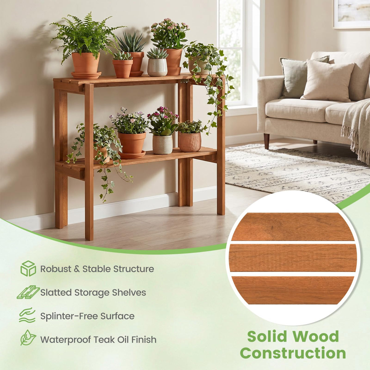 Lucktree 2-Tier Solid Wood Foldable Plant Shelf