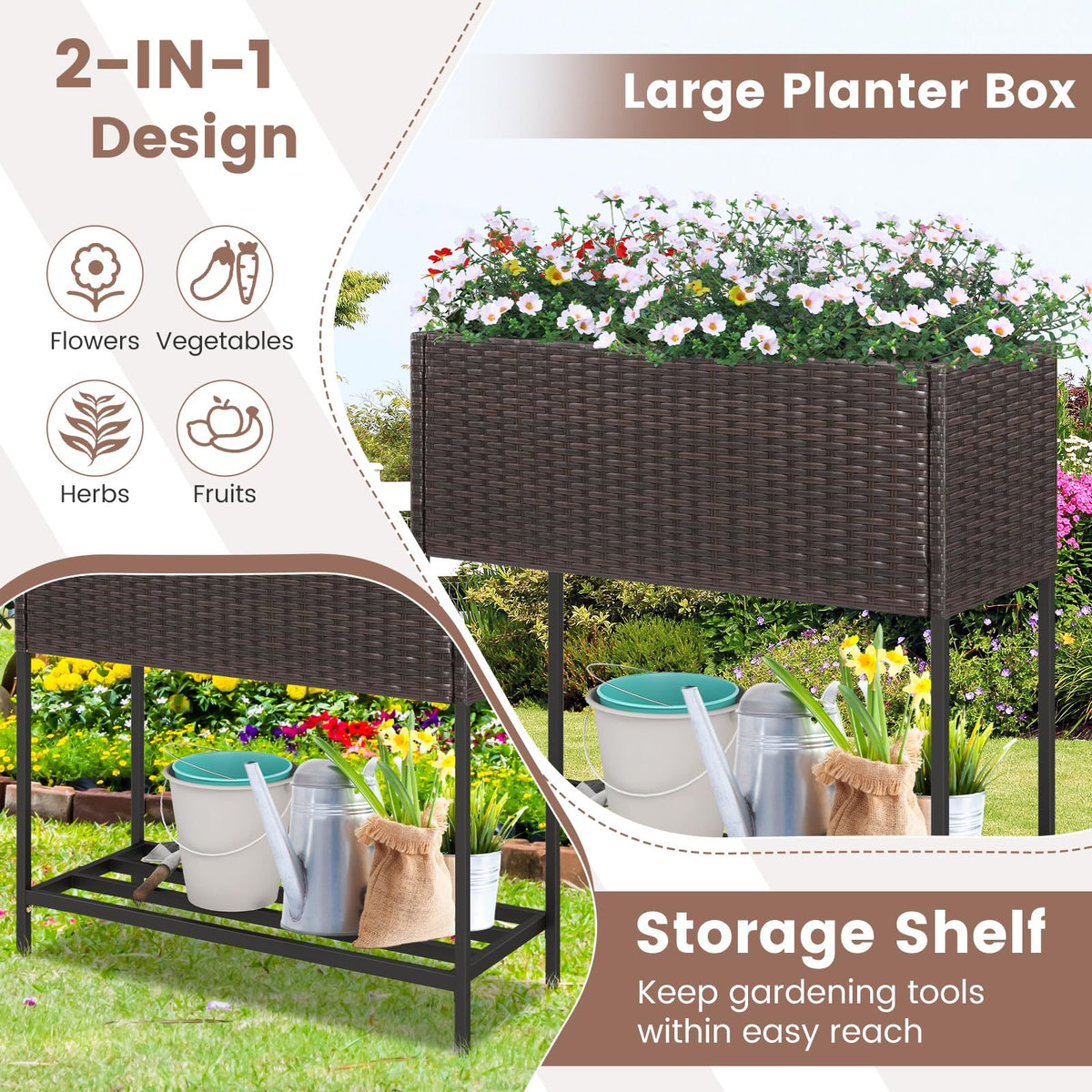 Lucktree Raised Garden Bed with Legs, Rattan Elevated Planter Box w/Storage Shelf