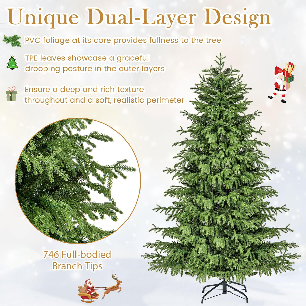 Lucktree Pre-Lit Artificial Christmas Tree with PVC & Soft TPE Branch Tips & Foldable Metal Stand