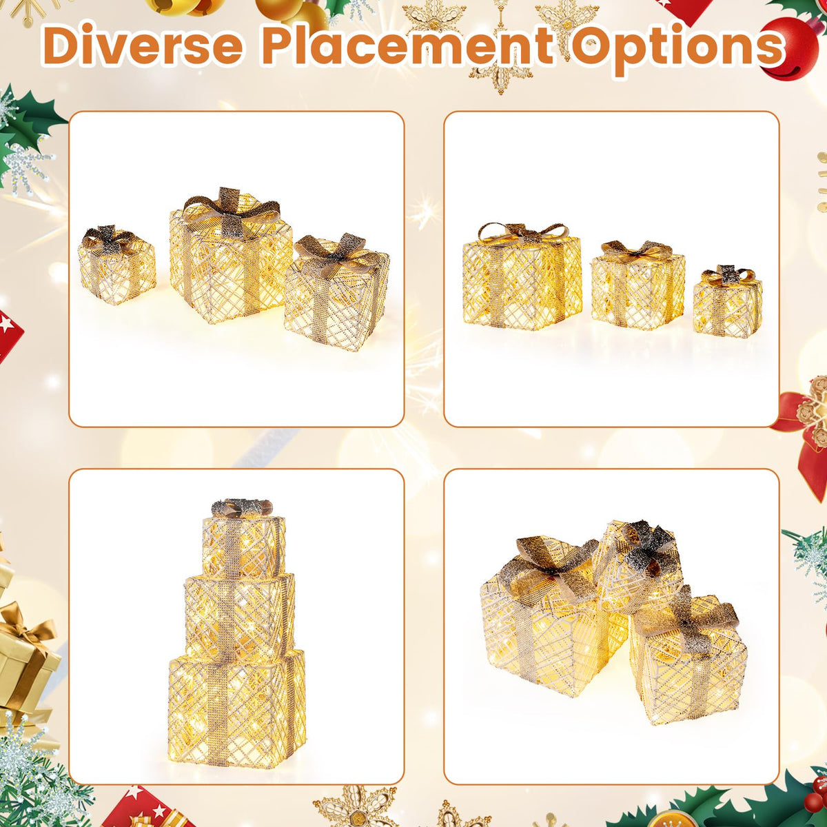 Lucktree Set of 3 Christmas Lighted Gift Boxes, 90 LED Light up Present Boxes with Bows