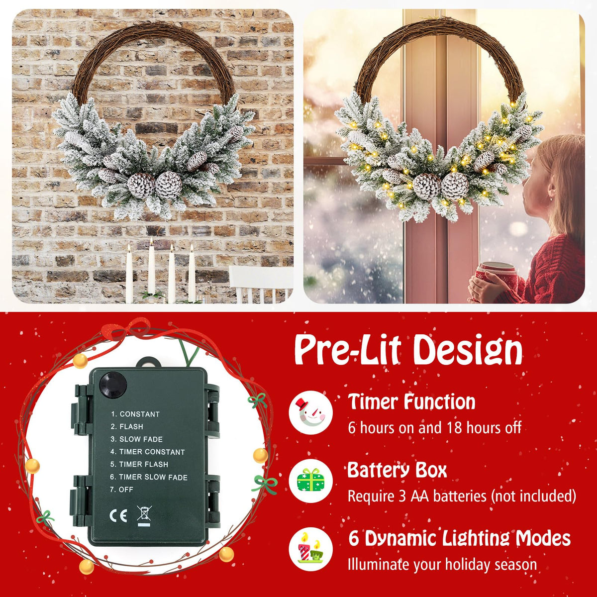 Lucktree 24” Pre-Lit Artificial Christmas Wreath, Snow Flocked Xmas Wreath with 35 Battery Operated Warm White LED Lights