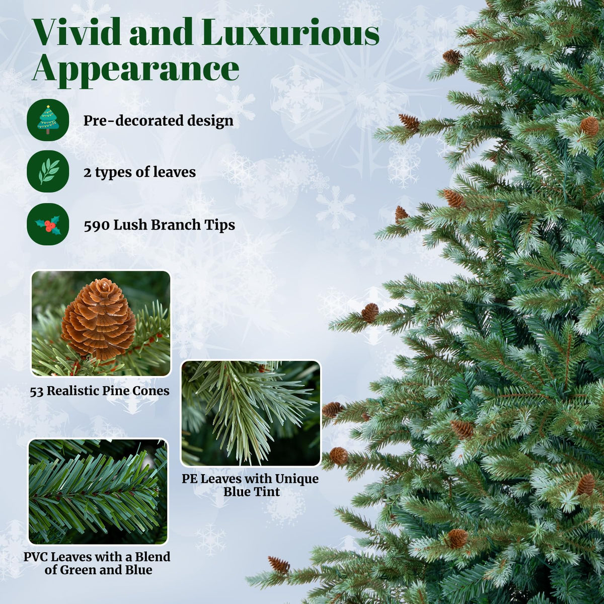 Lucktree 6ft Pre-Lit Artificial Christmas Tree, Hinged Full Xmas Pine Tree with 240 Warm White LED Lights