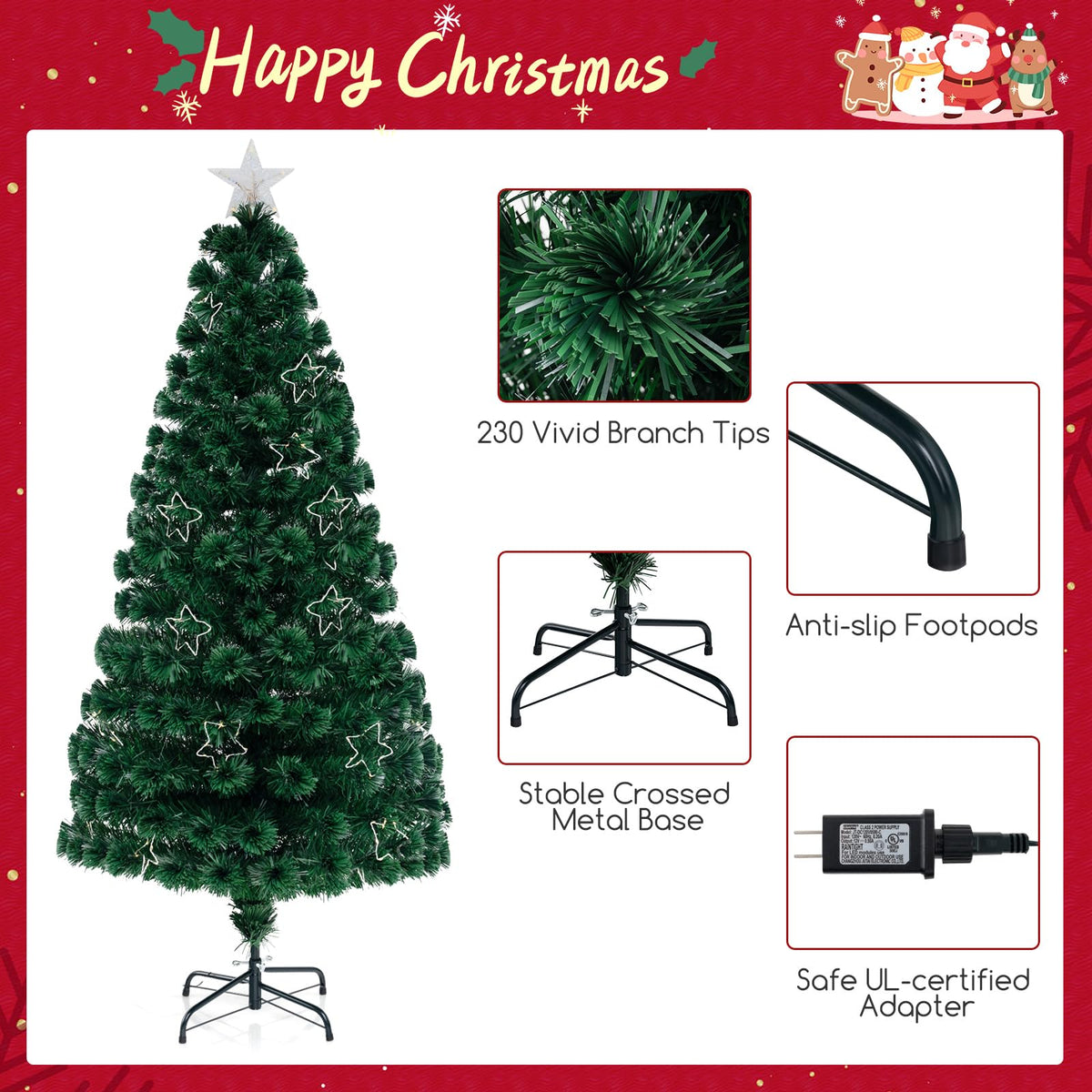 Lucktree 6ft Pre-Lit Fiber Optic Christmas Tree, Top Star, 230 Branch Tips, Metal Stand, Office Home Decoration