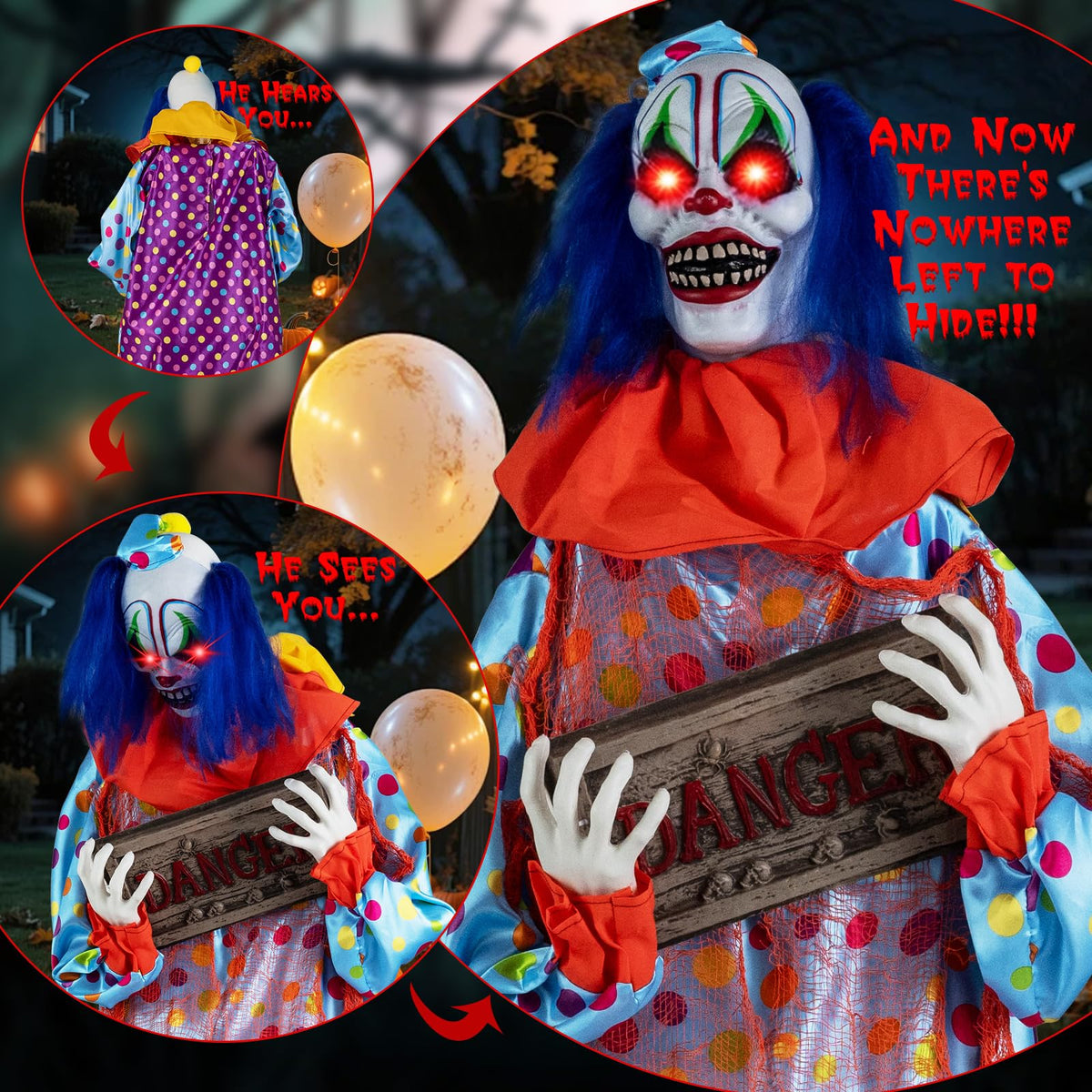 Lucktree 5.6 FT Halloween Animated Clown with Snap-up Head & Glowing Eyes
