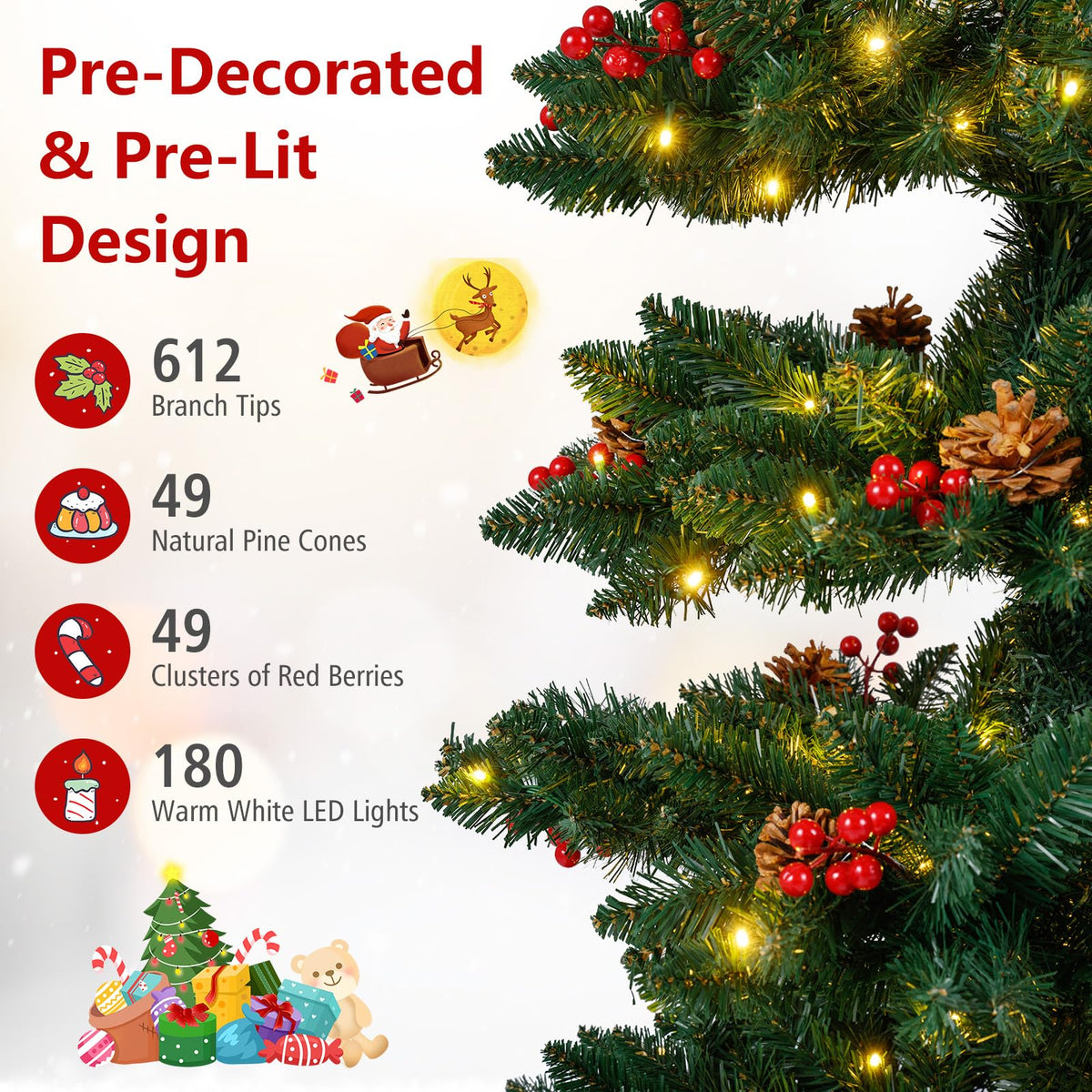 Lucktree 6FT / 7FT Pre-Lit Spiral Christmas Tree with Branch Tips Pine Cones Red Berries