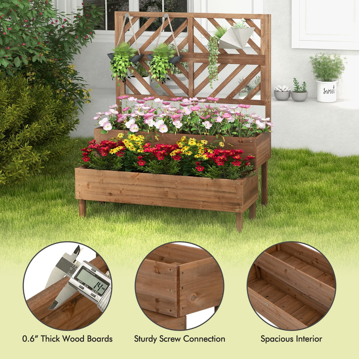 Lucktree Raised Garden Bed with Trellis, 2-Tier Wooden Planter Box with Legs and Drain Holes (Brown)