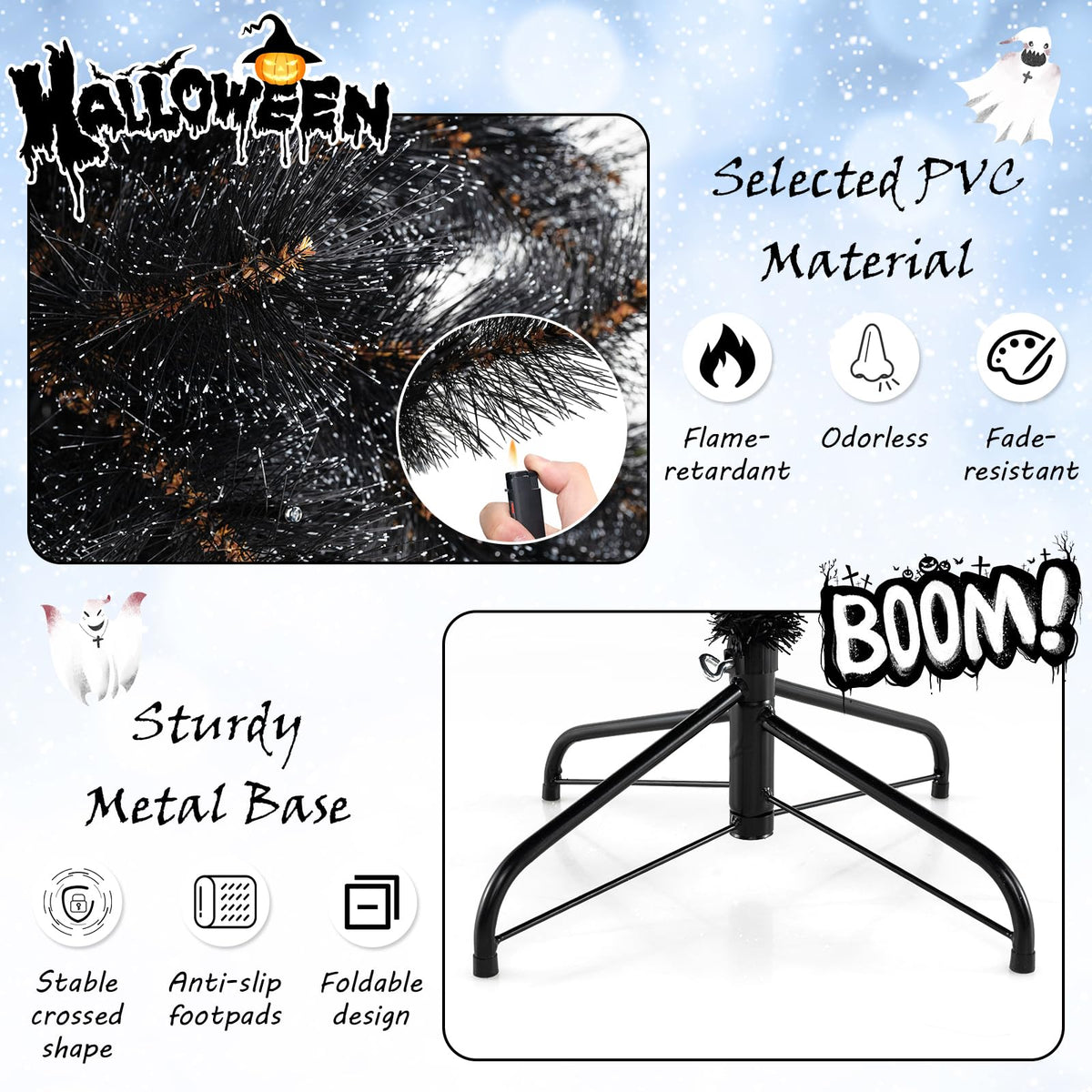 Lucktree 6/7/8 ft Pre-Lit Black Halloween Christmas Tree, Artificial Hinged Xmas Full Tree with 362/572/860 Pine Needles & PVC Branch Tips