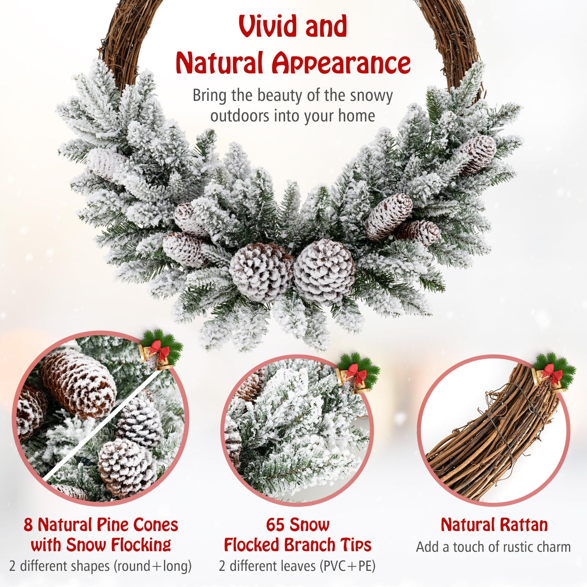 Lucktree 24” Pre-Lit Artificial Christmas Wreath, Snow Flocked Xmas Wreath with 35 Battery Operated Warm White LED Lights