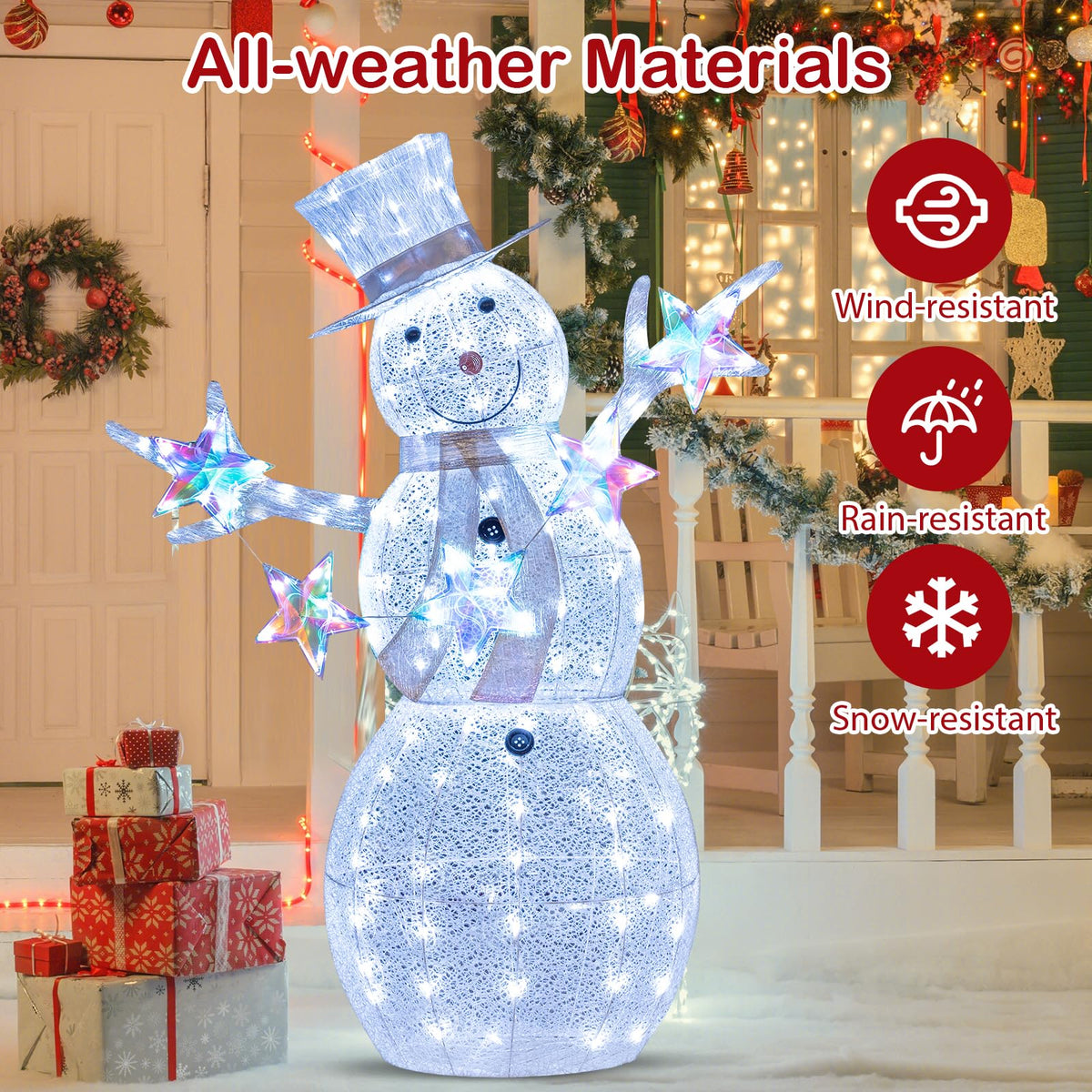 Lucktree 5 FT Lighted Snowman Christmas Outdoor Decoration with Hat, Scarf & Stars