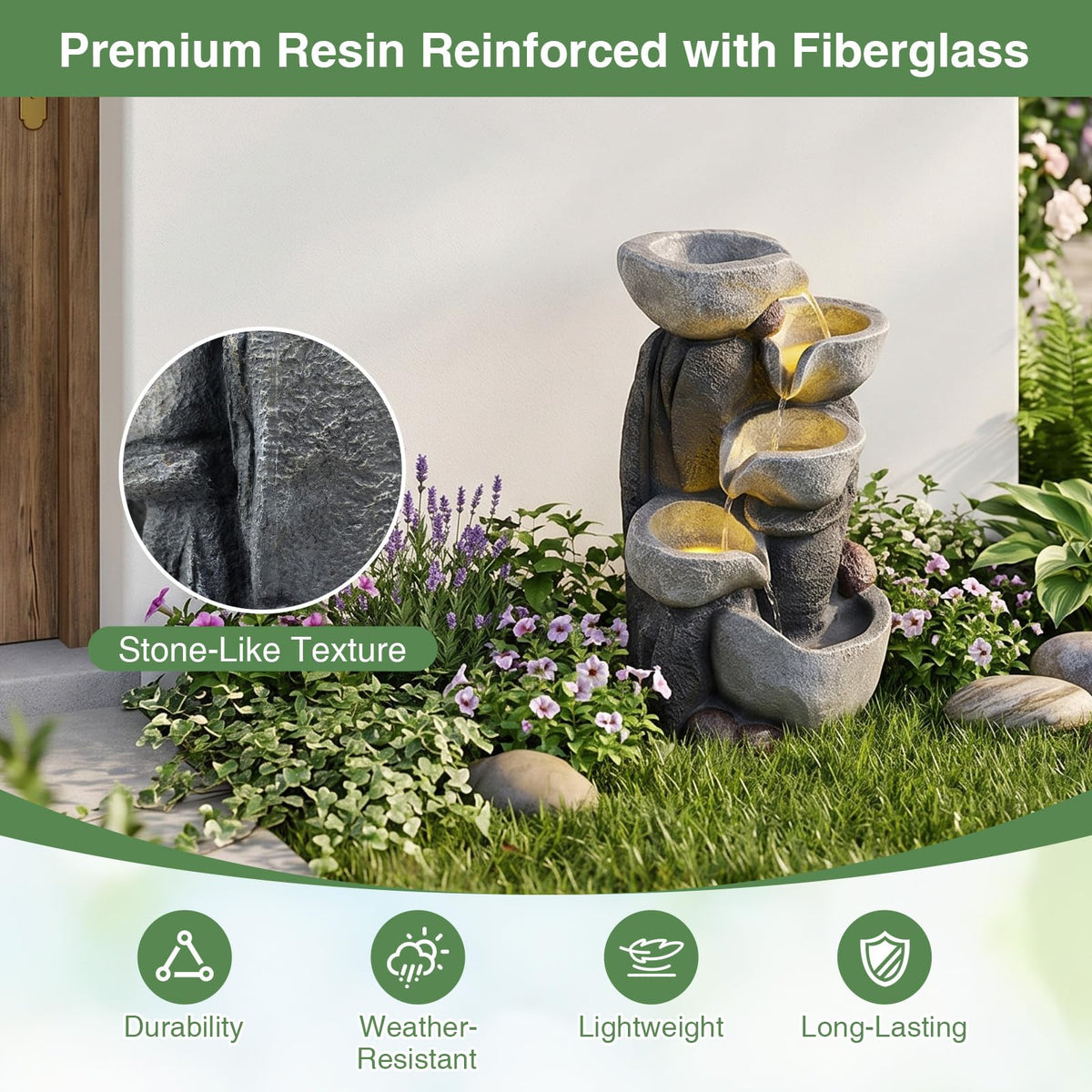Lucktree 5-Tier Outdoor Water Fountain with Lights