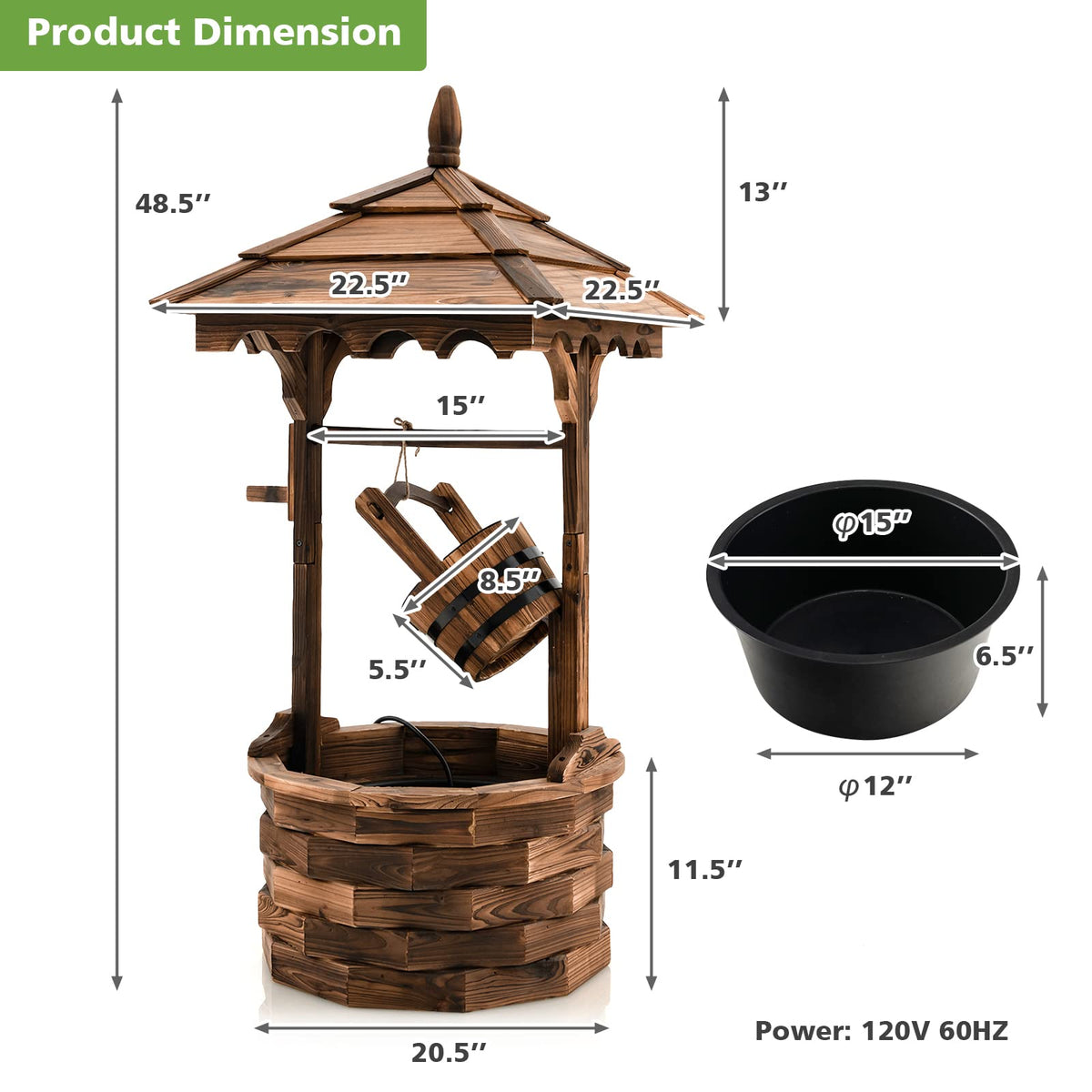 Lucktree Outdoor Wishing Well Water Fountain, 22.5" x 22.5" x 48.5"