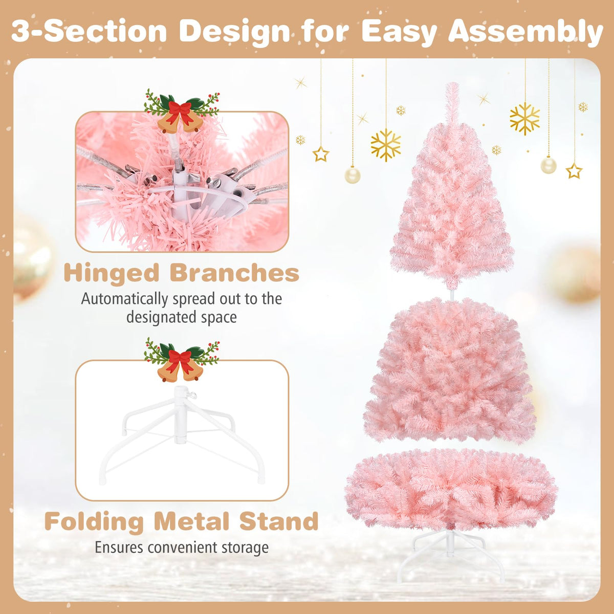 6FT Pink Artificial Christmas Tree with Folding Metal Stand