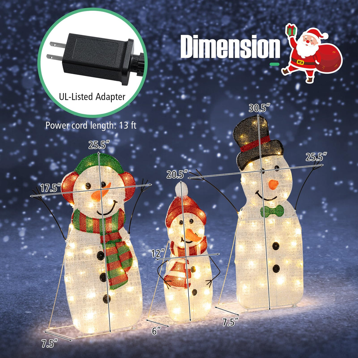 Lighted Snowman Family Christmas Decoration 3-Piece Pre-Lit 2D Snowman Set