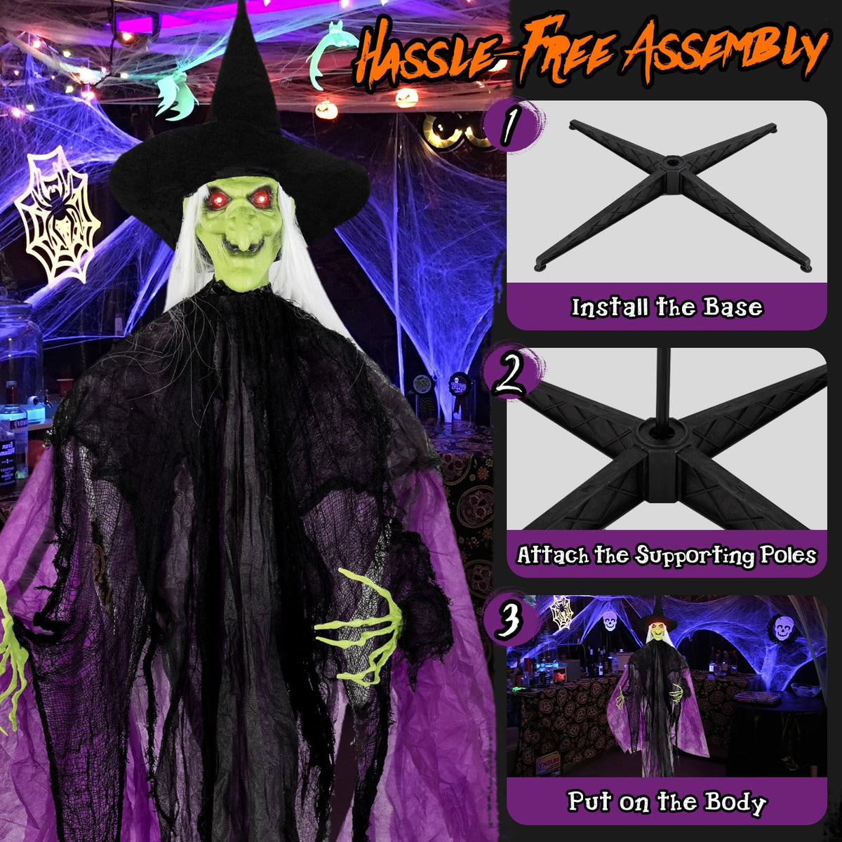 Lucktree 7.2 FT Halloween Animatronic Witch, Animated Standing Poseable Figure with Light up Eyes