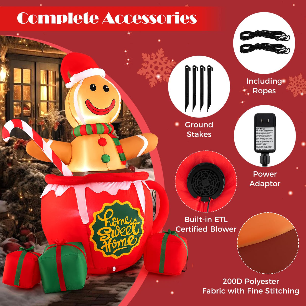 Lucktree 7 Ft Christmas Inflatable, Blow up Pre-Lit Gingerbread Man in Mug with Gift Boxes & Candy Cane