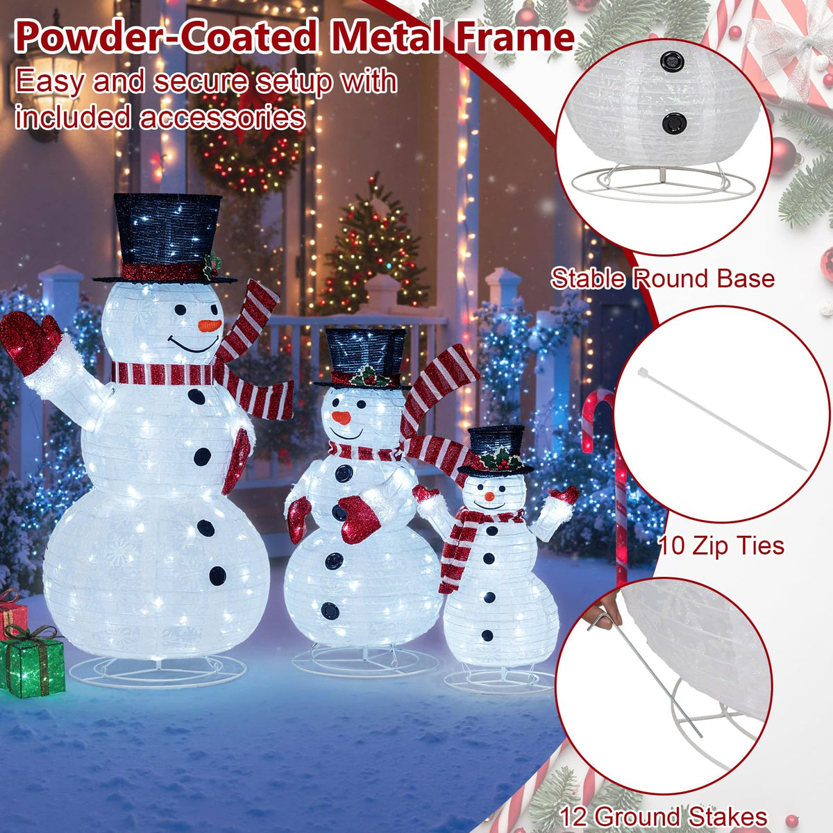 3-Piece Pre-Lit 3D Snowman Set with 270 LED Lights