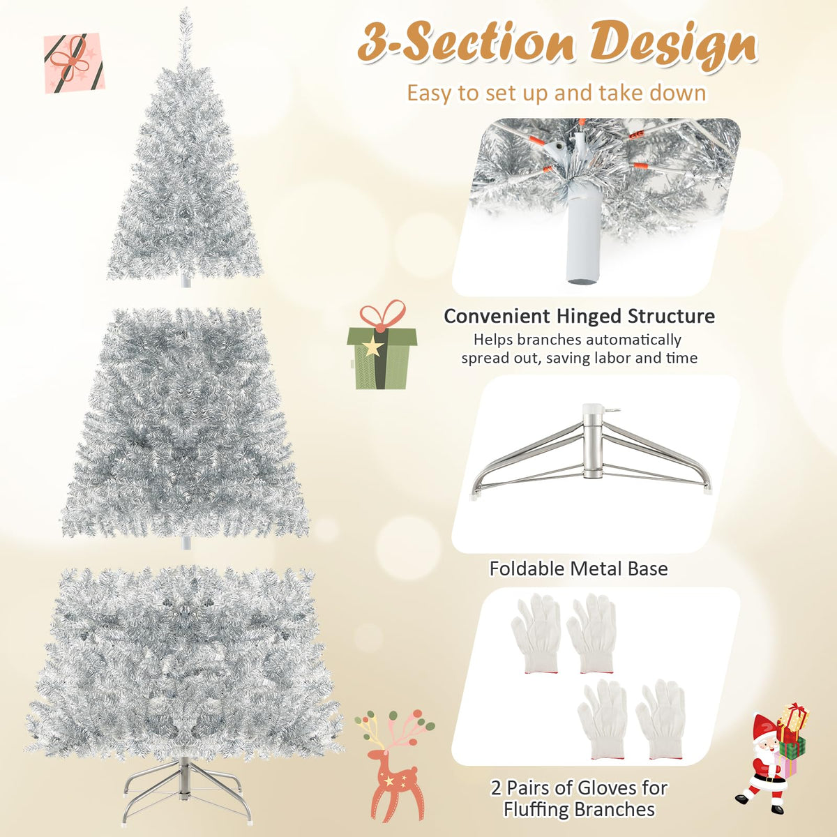 Lucktree 6ft Pre-lit Silver Pencil Christmas Tree, Artificial Tinsel Electroplated Tree, Decor for Home