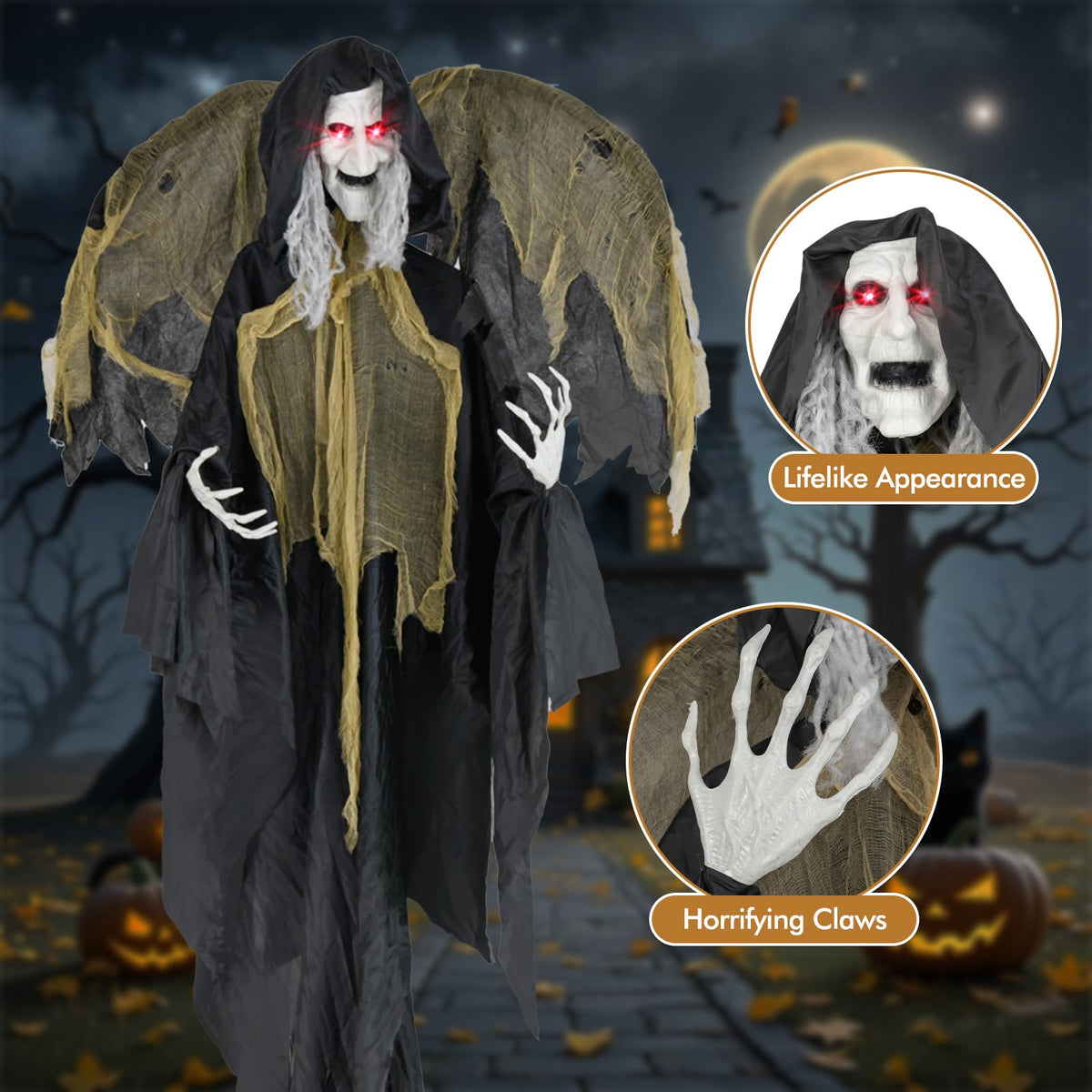 Lucktree 8.2 FT Halloween Standing Witch, Poseable Halloween Animatronic Prop with Light up Eyes