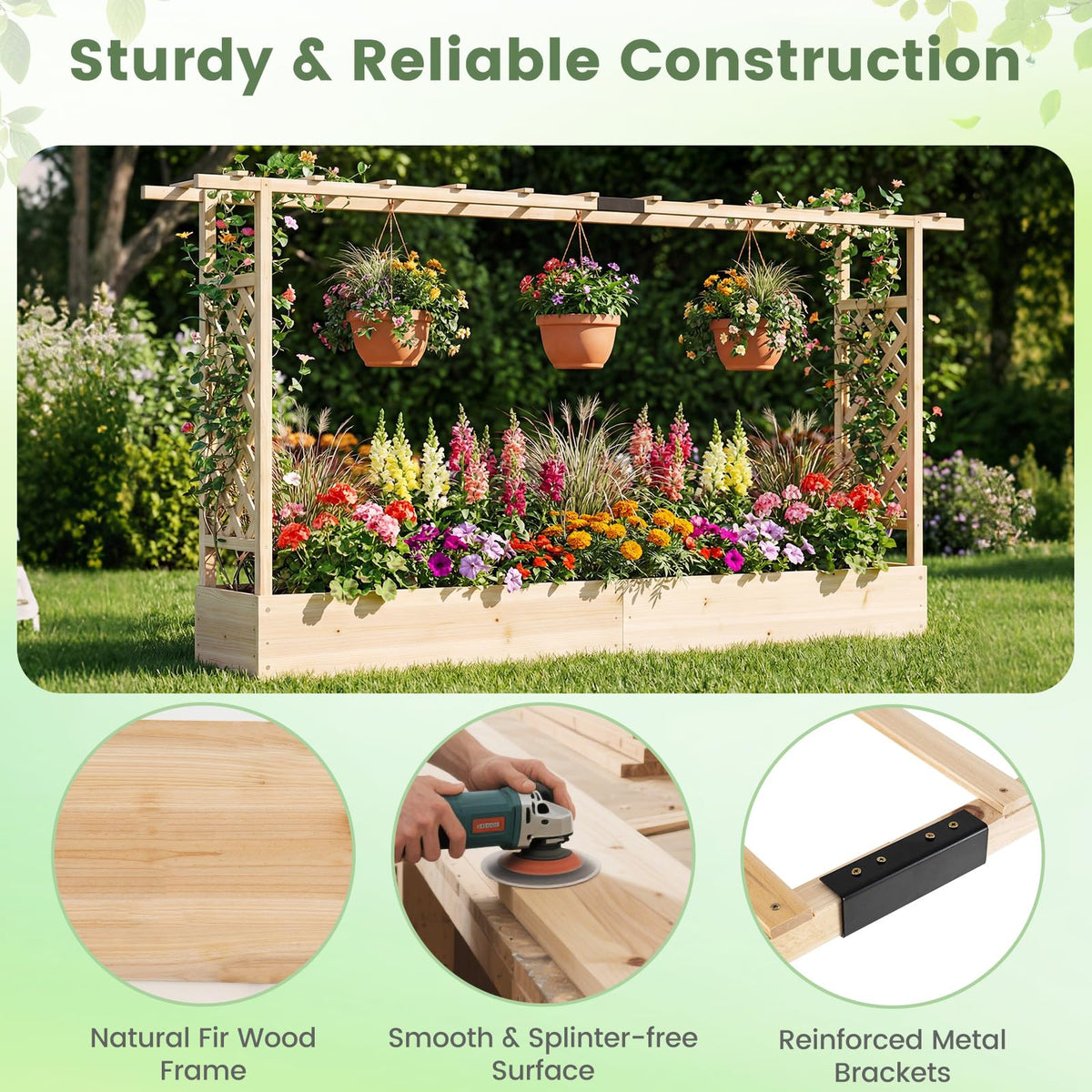 Lucktree Wooden Raised Garden Bed with Trellis & Hanging Roof