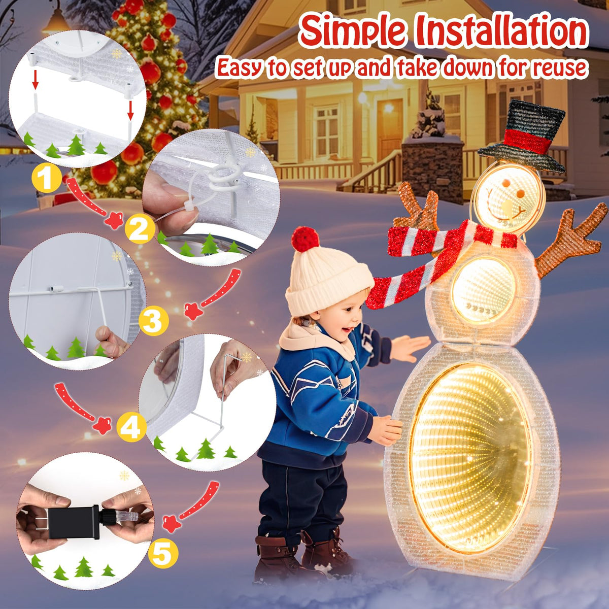 Lucktree 2.6 FT Lighted Christmas Decoration, Pre-Lit 2D Snowman with 3 Infinity Mirror Lights