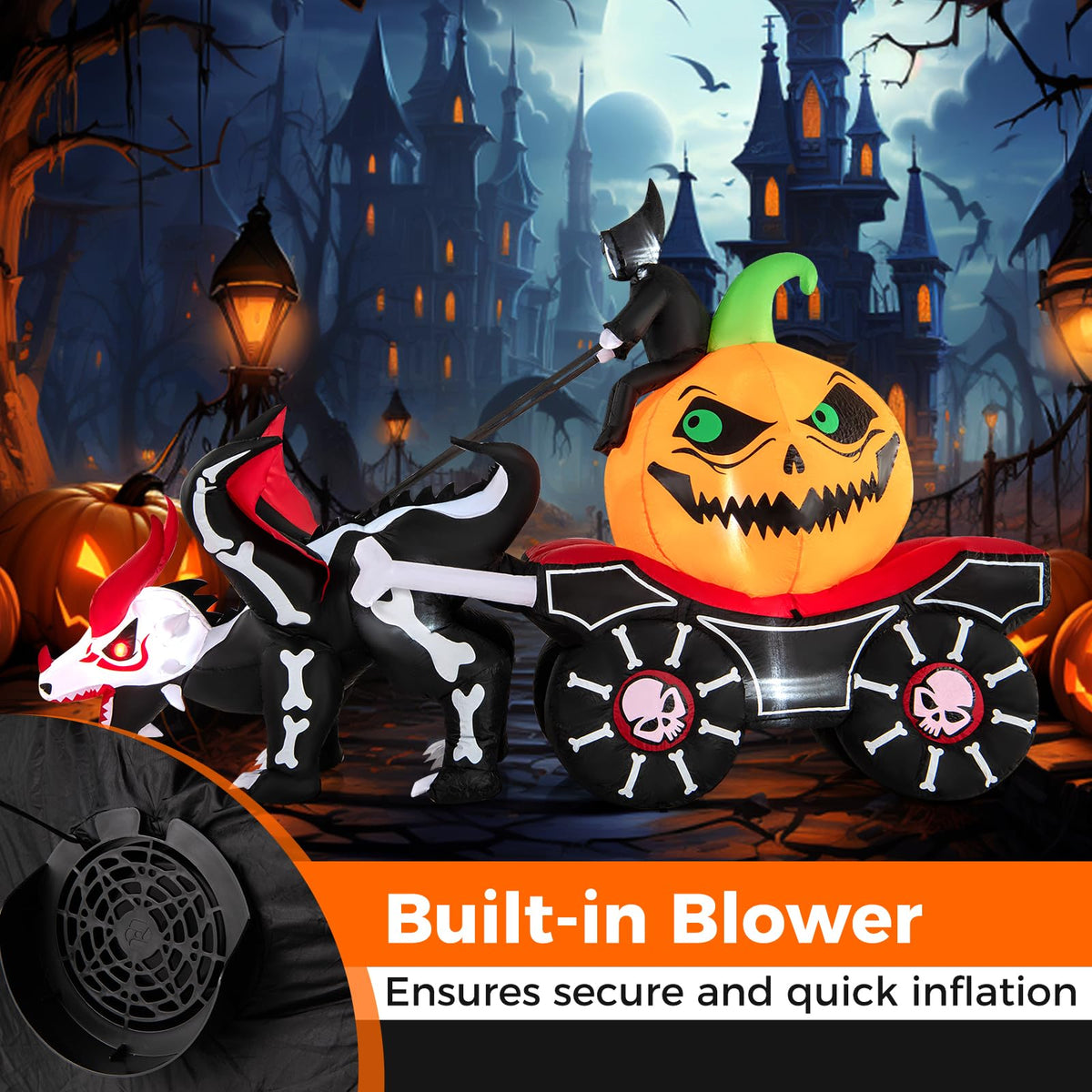 Lucktree 9 FT Halloween Inflatable Outdoor Decoration, Blow up Grim Reaper Driving Pumpkin Carriage