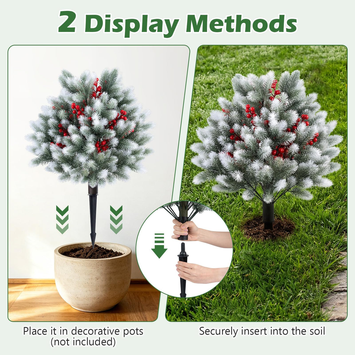 Lucktree 27.5" Faux Pine Needle Bushes with Ground Spikes | Artificial Cedar Topiary Ball Trees Set of 2