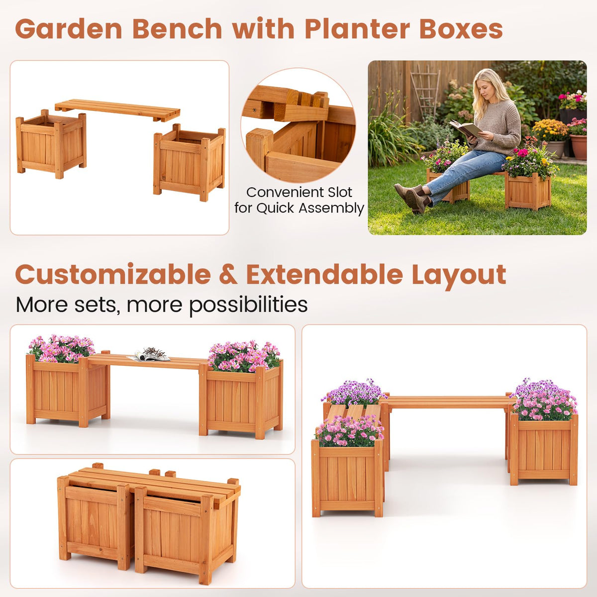 Lucktree Outdoor Bench with Raised Garden Beds (42"x11"x11.5")