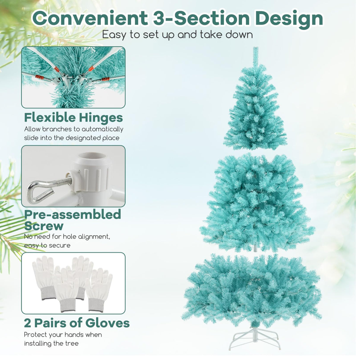 Lucktree 6/7 FT Blue Pre-Lit Christmas Tree, Artificial Hinged Xmas Full Tree with 280/380 Warm White LED Lights