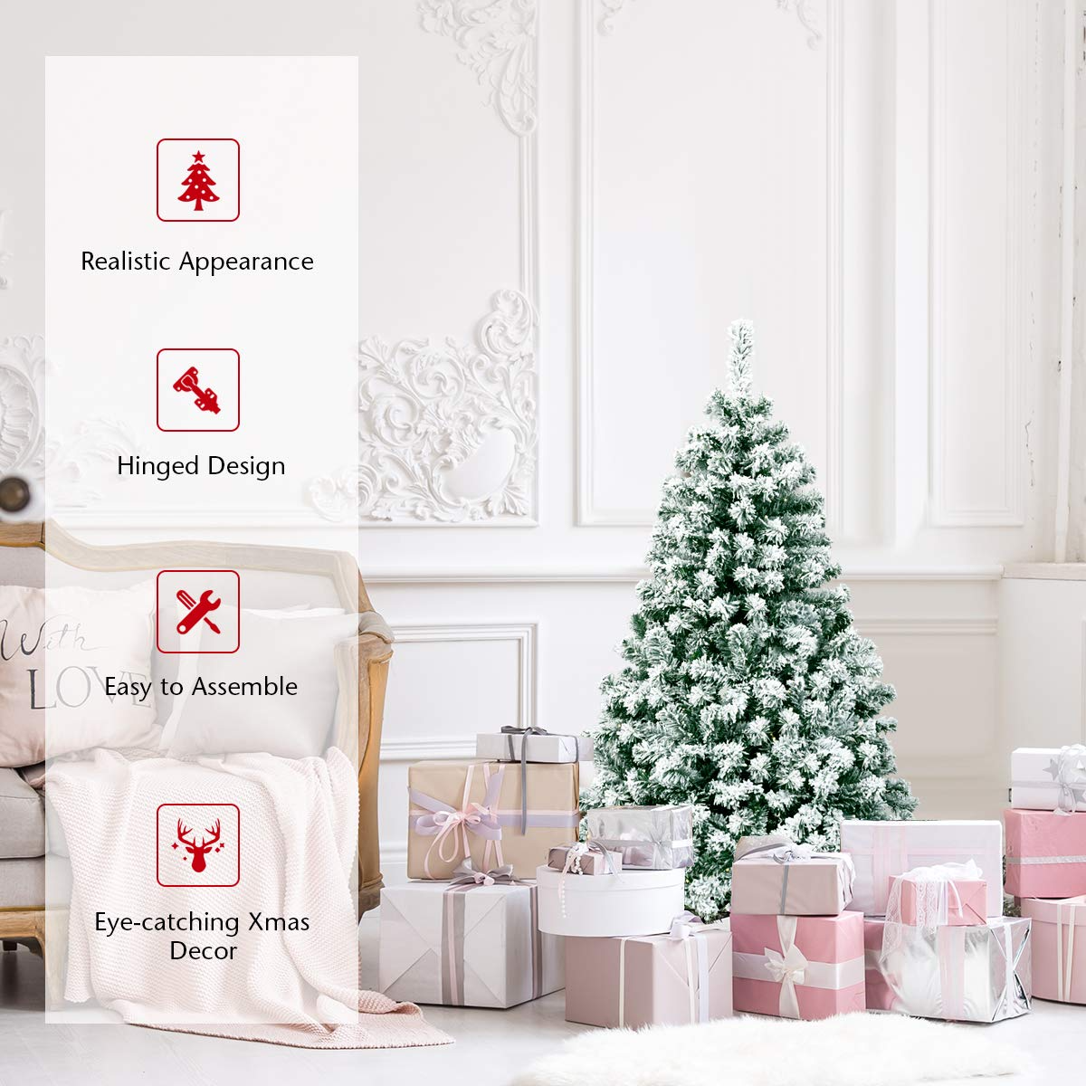Lucktree 4.5ft / 6 ft / 7.5ft Artificial Snow Flocked Christmas Tree, Pre-Lit Snowy Hinged Xmas Tree with Led Lights and Metal Stand - LucktreeUS