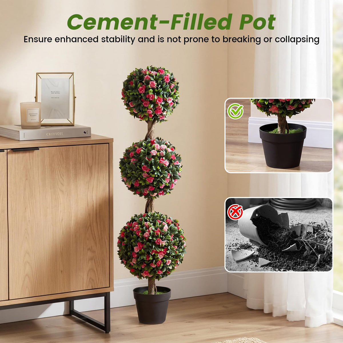 Lucktree 43.5" Faux Potted Floral Plant Artificial Triple Ball Rose Topiary Tree ( 1/2 pack )