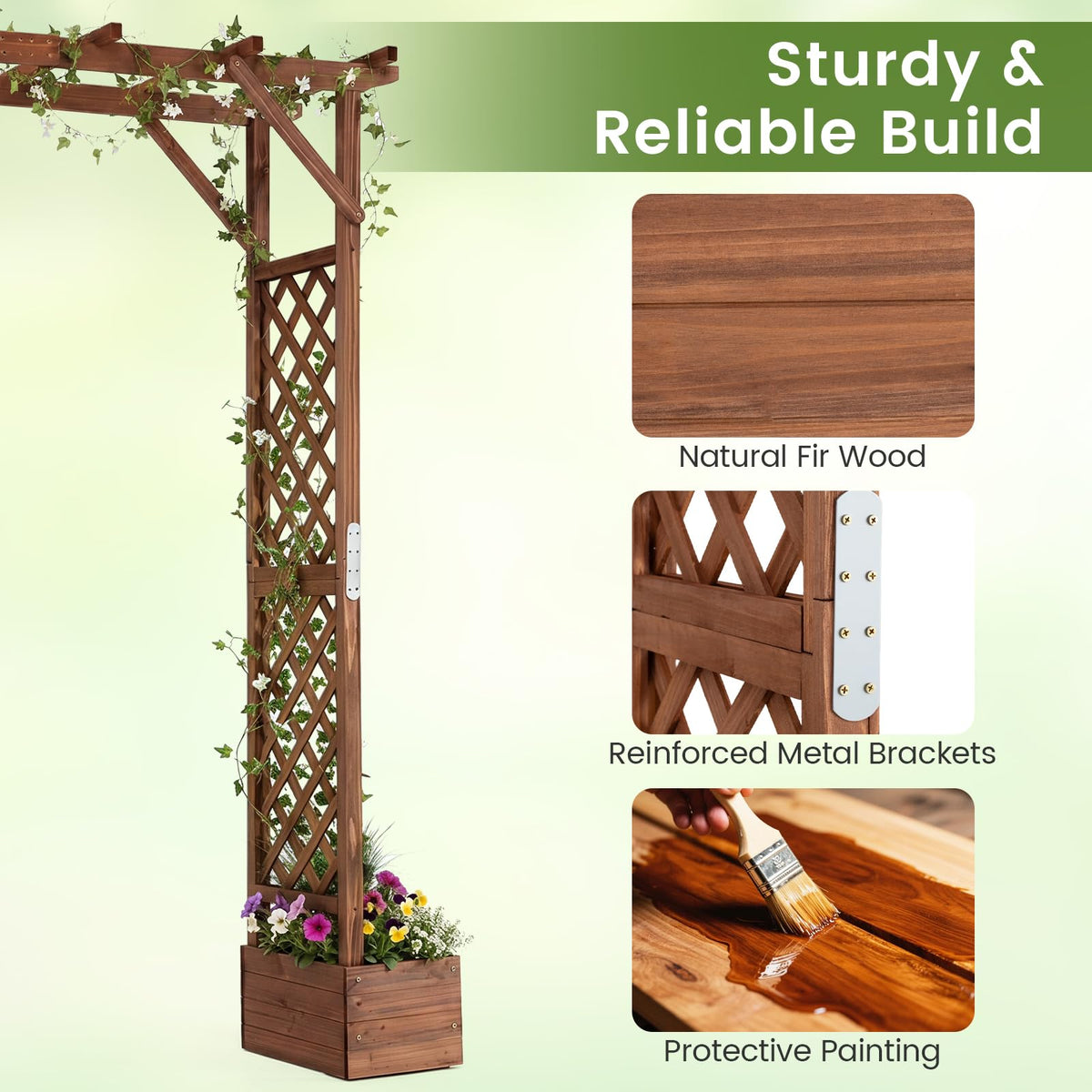 Lucktree 87in Tall Wooden Garden Arbor with Planter Boxes & Hanging Roof
