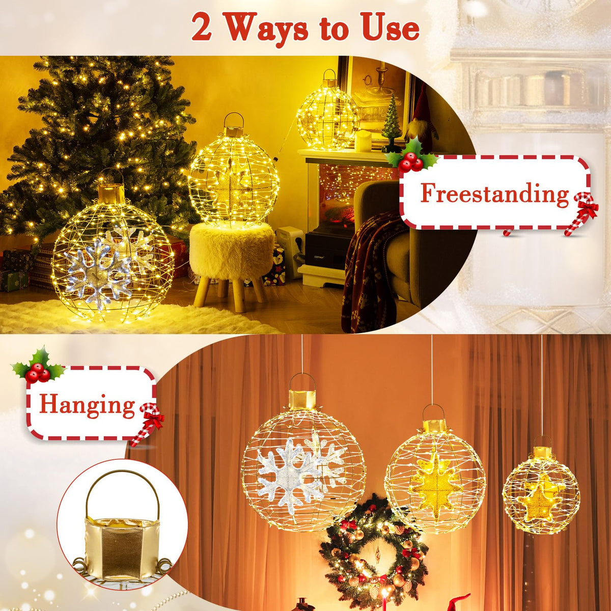 Lucktree 3 PCS Pre-Lit Lantern Balls, Hanging/Standing Christmas Ornaments with 732 Bright LED Lights, Zip Ties & Ground Stakes