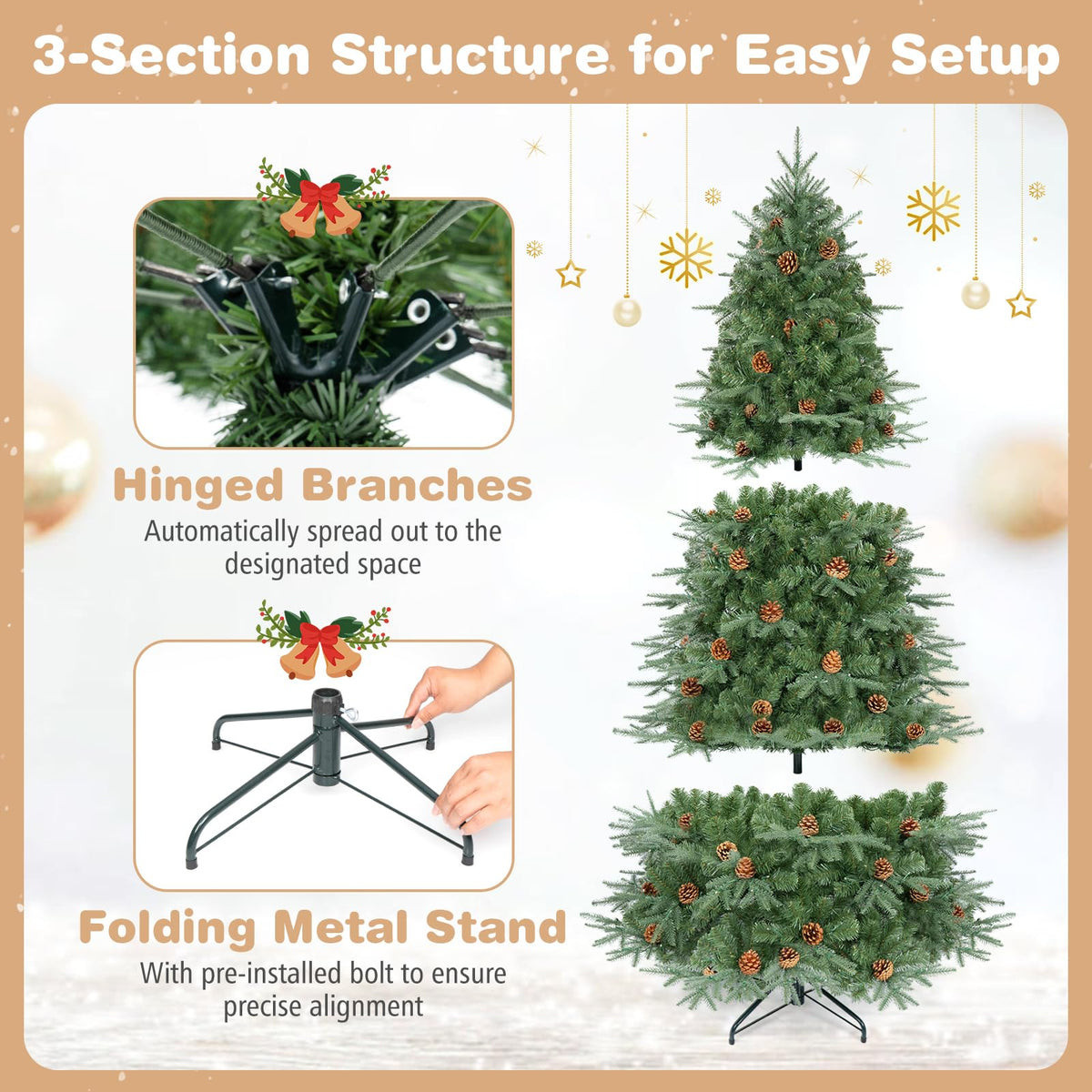7/7.5/8 ft Pre-Lit Christmas Tree, 925 Hinged Tips with Pine Cones