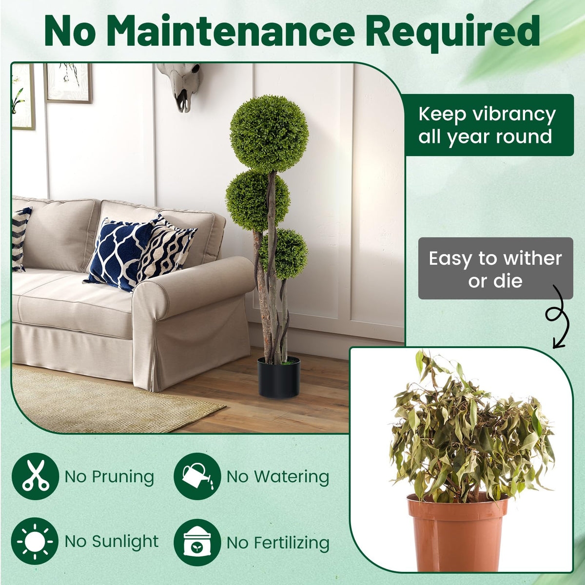 Lucktree 4ft Artificial Boxwood Topiary Ball Tree, Faux Potted Plants Cypress Tree in Weighted Pot with Triple Ball