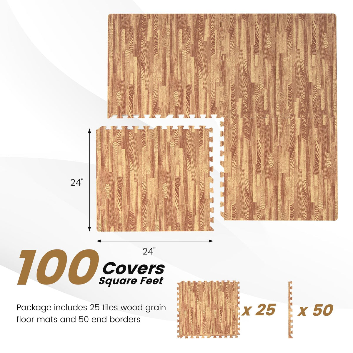 Lucktree 25 Pcs 24"x24" Faux Wood Grain EVA Foam Tiles with 50 Borders