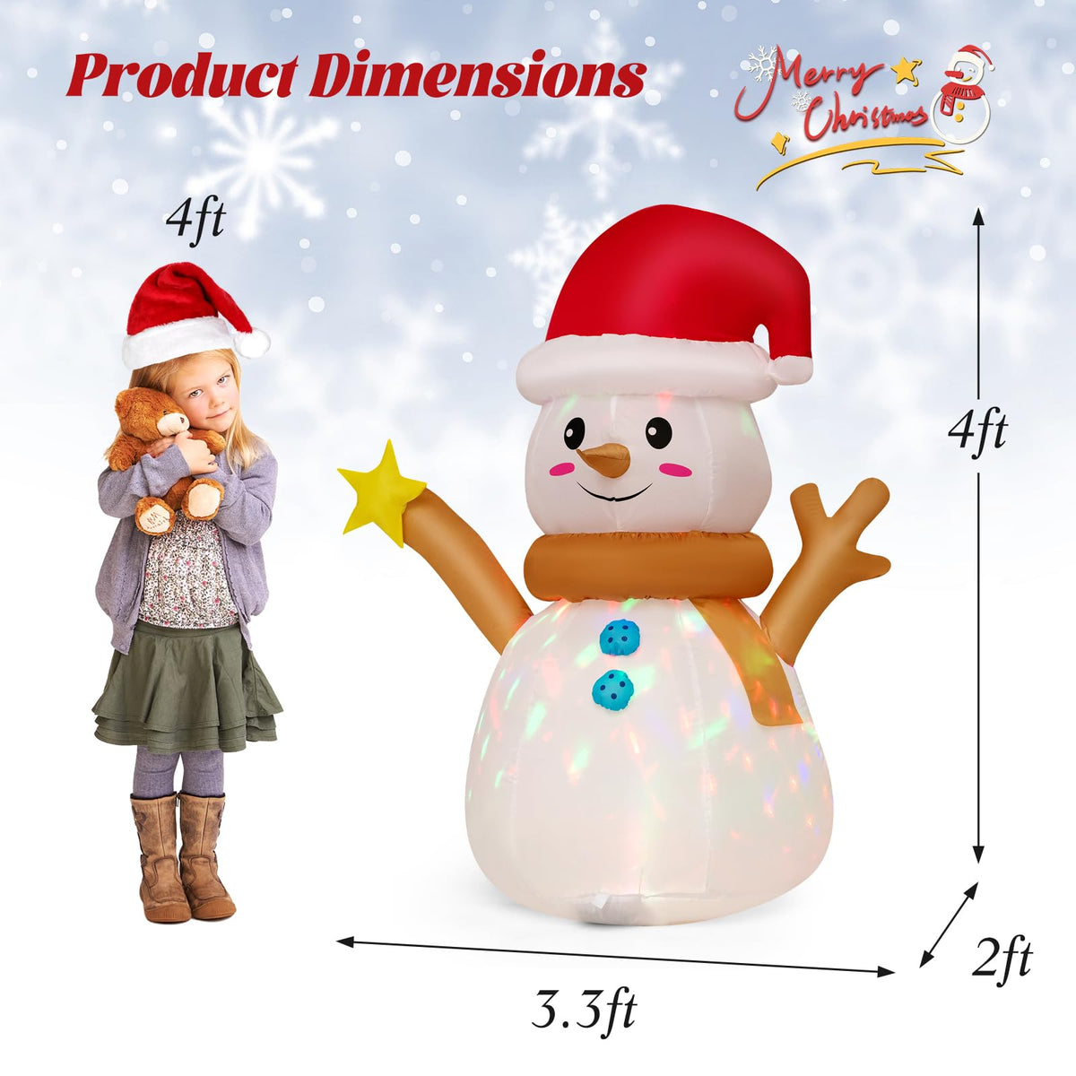 Lucktree 4 FT Lighted Christmas Inflatable Snowman with 360° Rotating Colorful LED Light
