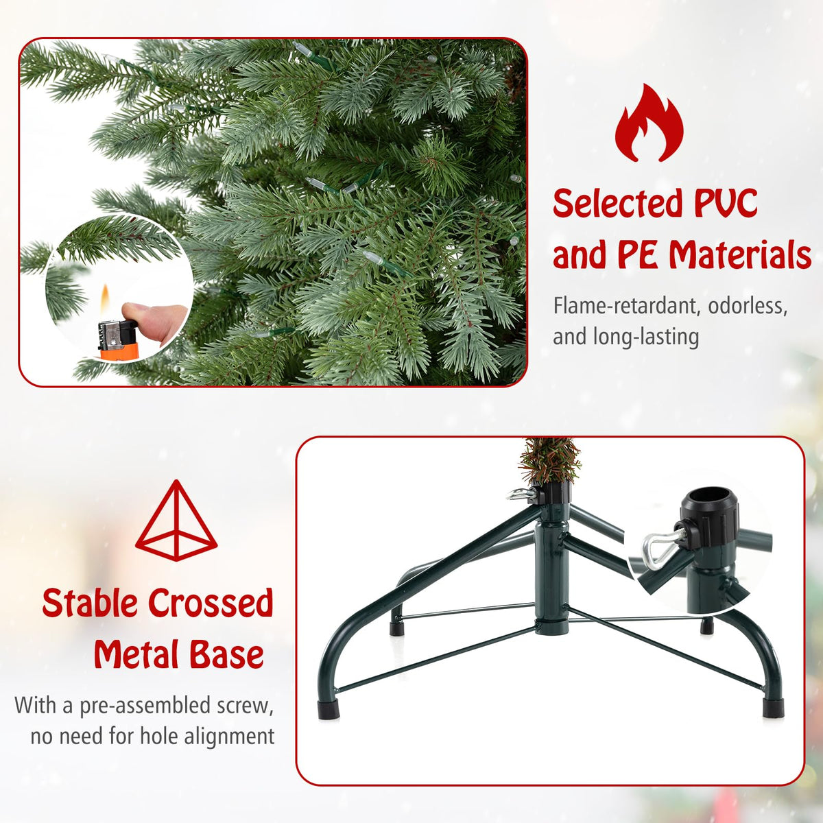 Lucktree 5ft / 6ft / 7ft Pre-Lit Artificial Christmas Tree with Lush PVC & PE Tips Warm White LED Lights