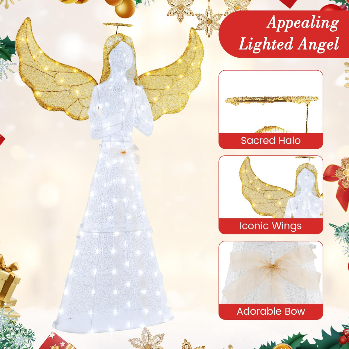 Lucktree 5 FT Christmas Pre-Lit Angel, Yard Lighted-up Festive Angel w/Halo