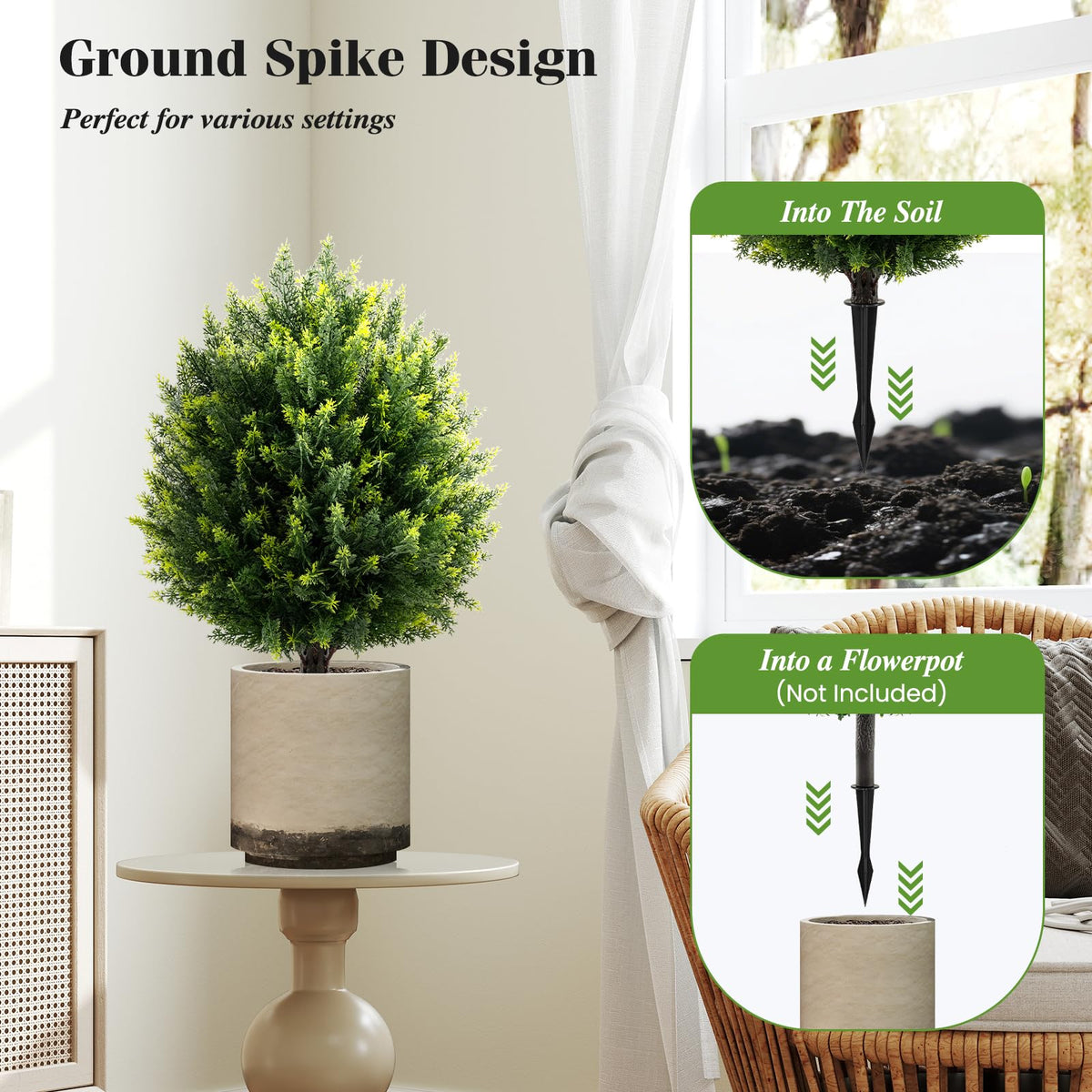 Lucktree 2 Pack Faux Cedar Bushes with Ground Spike Sun-Protective Fake Shrub Plants